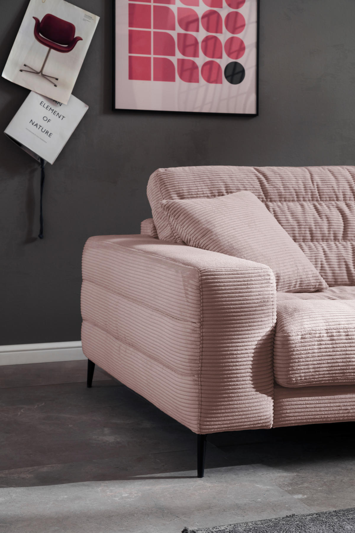 SEDEŽNA GARNITURA, rebrasti žamet roza  - roza/črna, Design, kovina/tekstil (296/207cm) - Pure Home Lifestyle