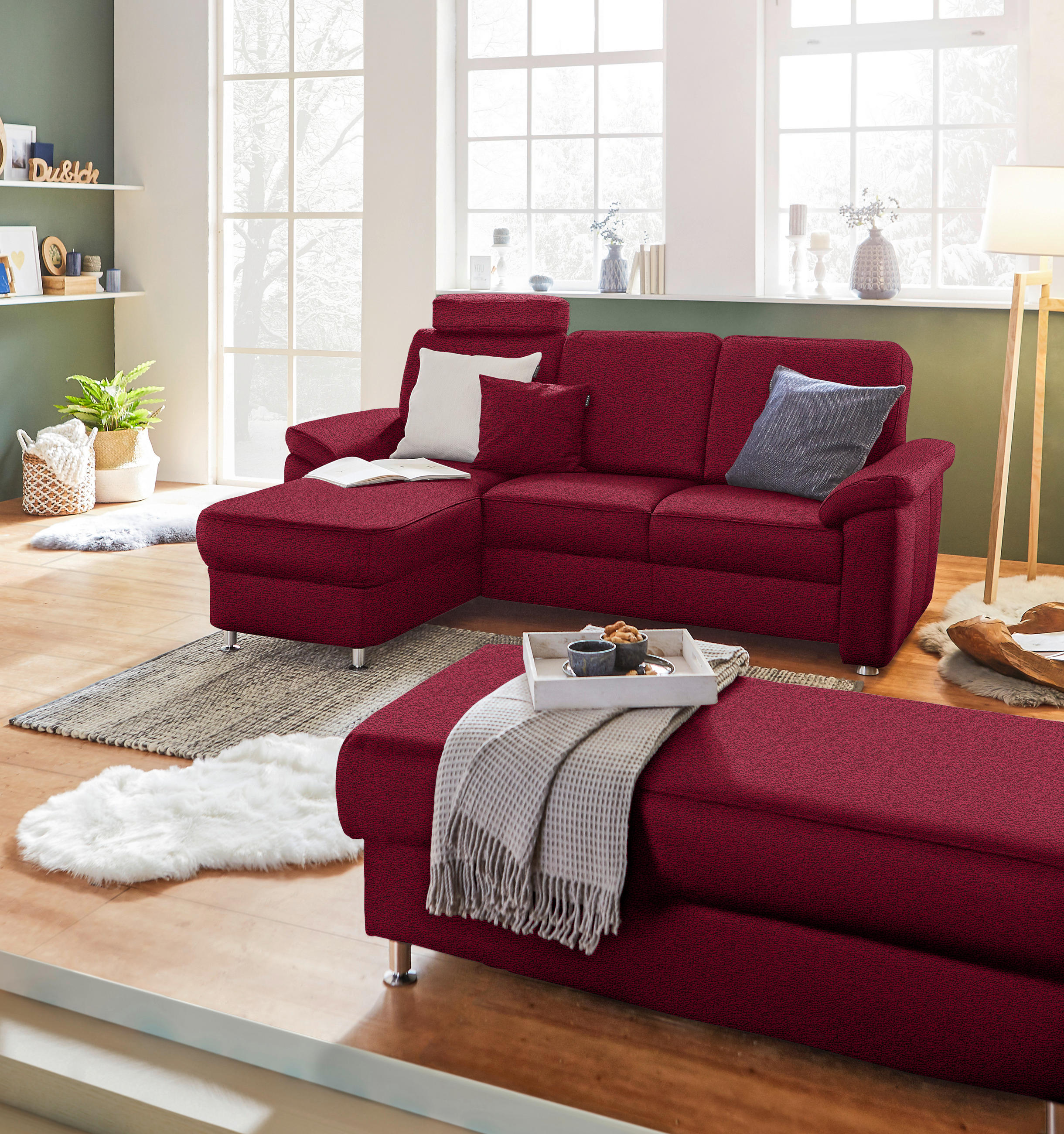 ECKSOFA in Flachgewebe Weinrot  - Chromfarben/Weinrot, Konventionell, Textil/Metall (163/220cm) - Beldomo System