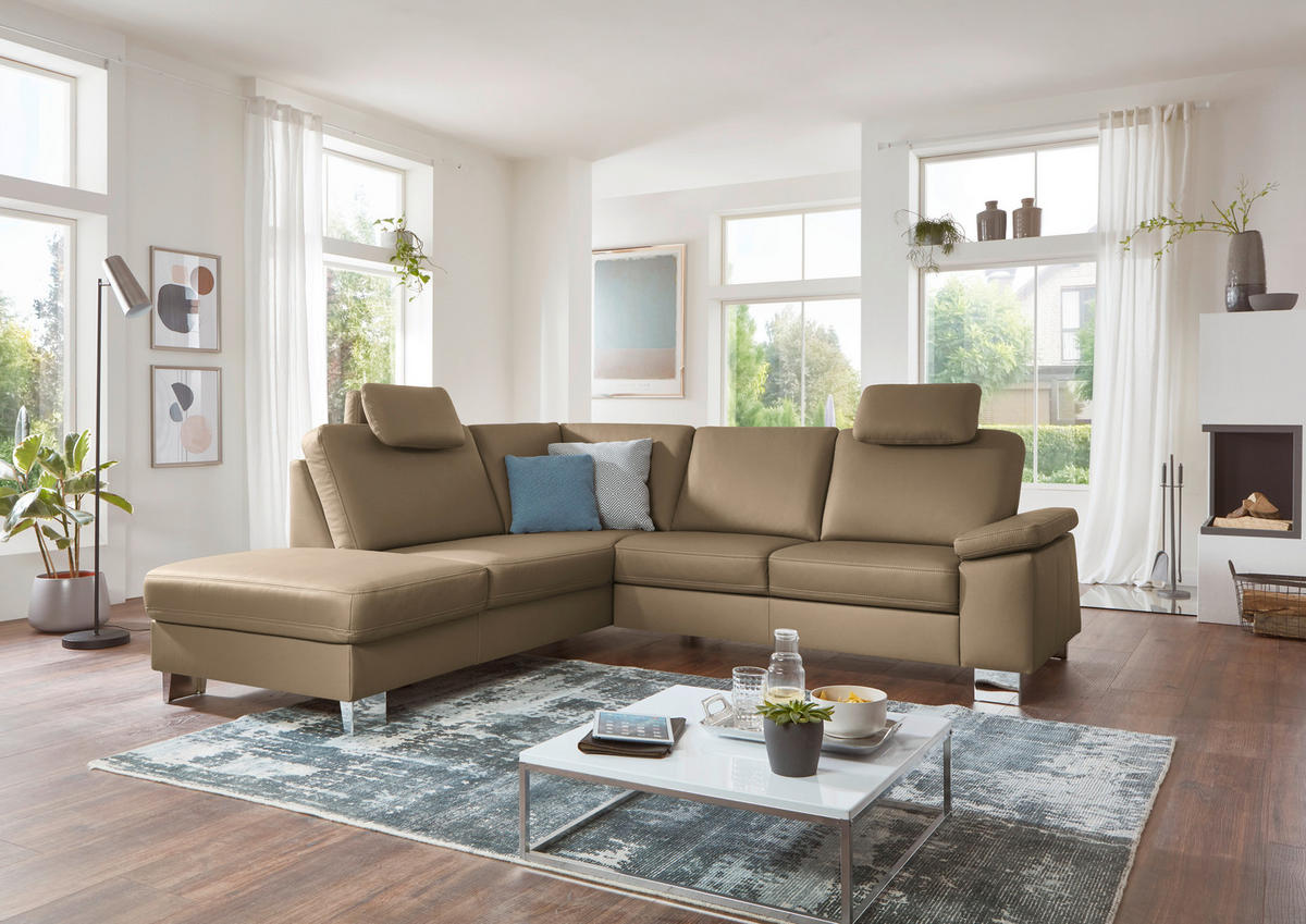 ECKSOFA  in Echtleder Cappuccino  235/248 cm  - Alufarben/Cappuccino, Design, Leder/Metall (235/248cm) - Beldomo Premium