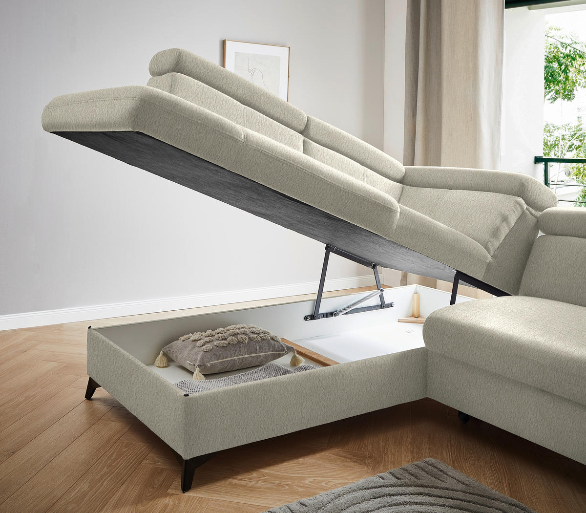 ECKSOFA in Teddystoff Ecru  - Ecru/Schwarz, Design, Textil/Metall (203/260cm) - Stylife