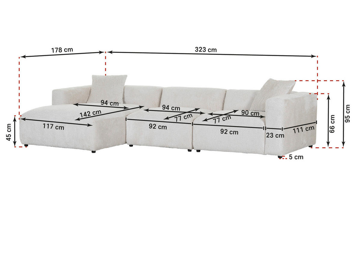 ECKSOFA Creme Chenille  - Creme/Schwarz, MODERN, Kunststoff/Textil (178/323cm) - Carryhome