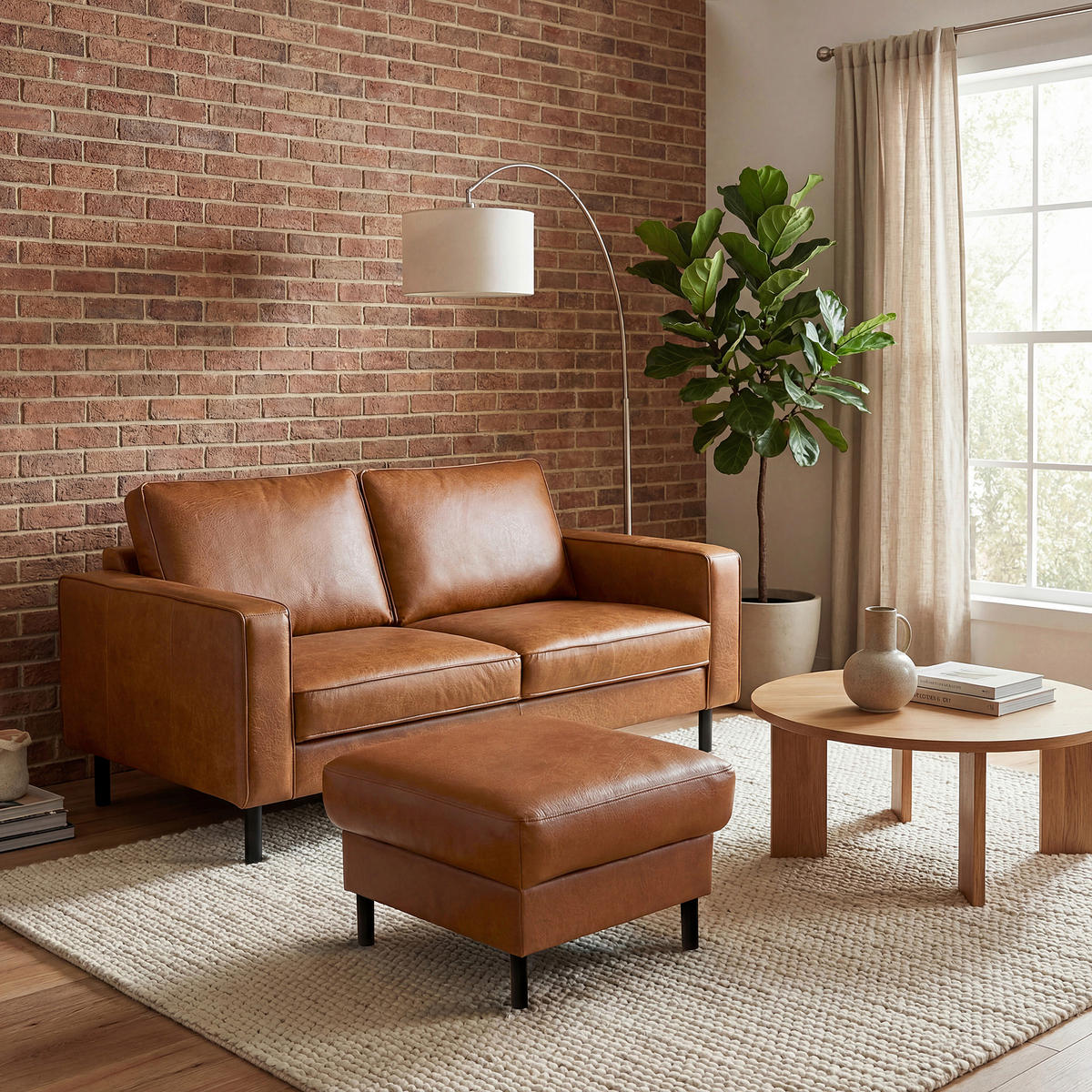 HOCKER in Leder Cognac  - Cognac/Schwarz, Design, Leder/Metall (70/48/60cm) - Livetastic