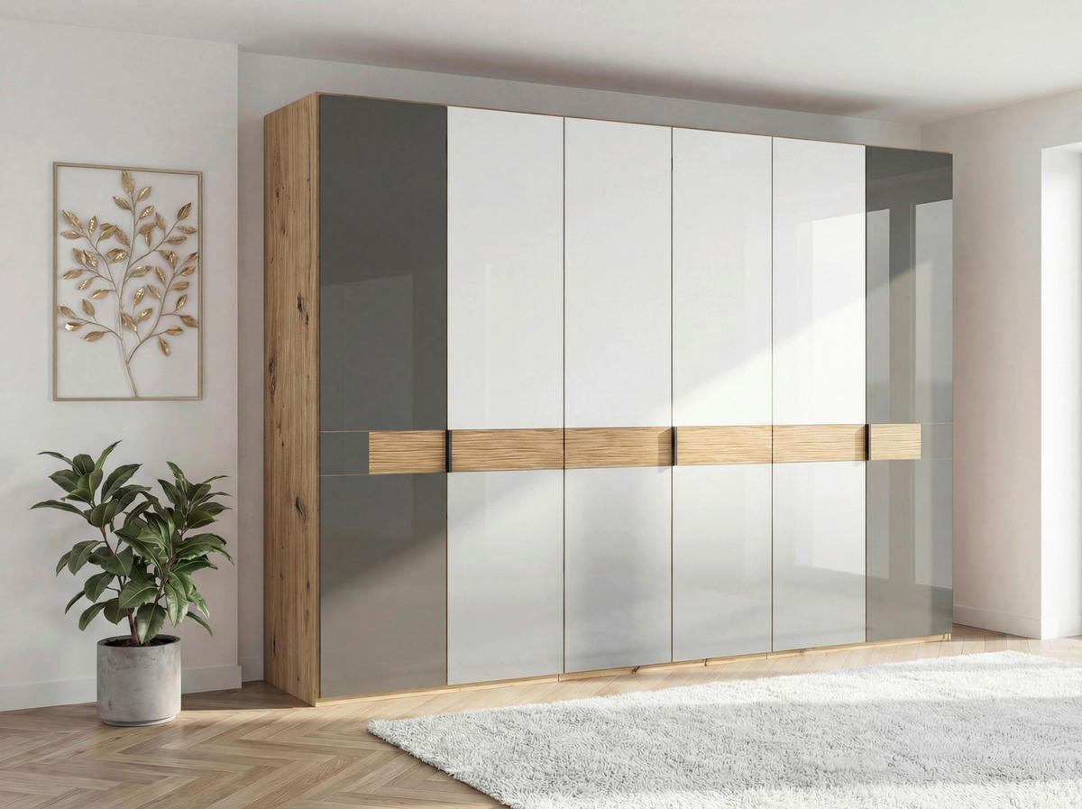 DREHTÜRENSCHRANK 300/216/58 cm,  in Braun, Eichefarben, 6 Tür(en)  - Schieferfarben/Eichefarben, Design, Glas/Holz (300/216/58cm) - Musterring