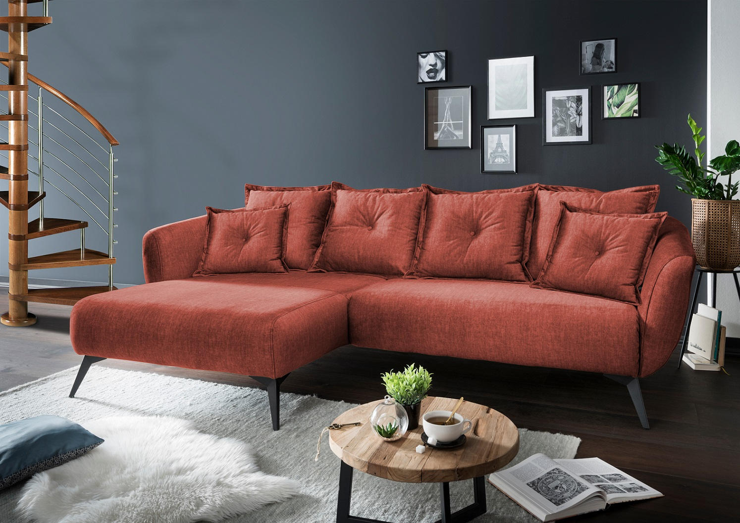 ECKSOFA in Velours Koralle  - Koralle/Schwarz, Modern, Holz/Textil (162/277cm) - Livetastic
