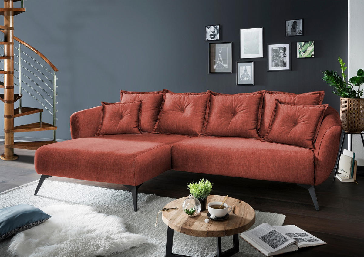 ECKSOFA in Velours Koralle  - Koralle/Schwarz, Modern, Holz/Textil (162/277cm) - Livetastic