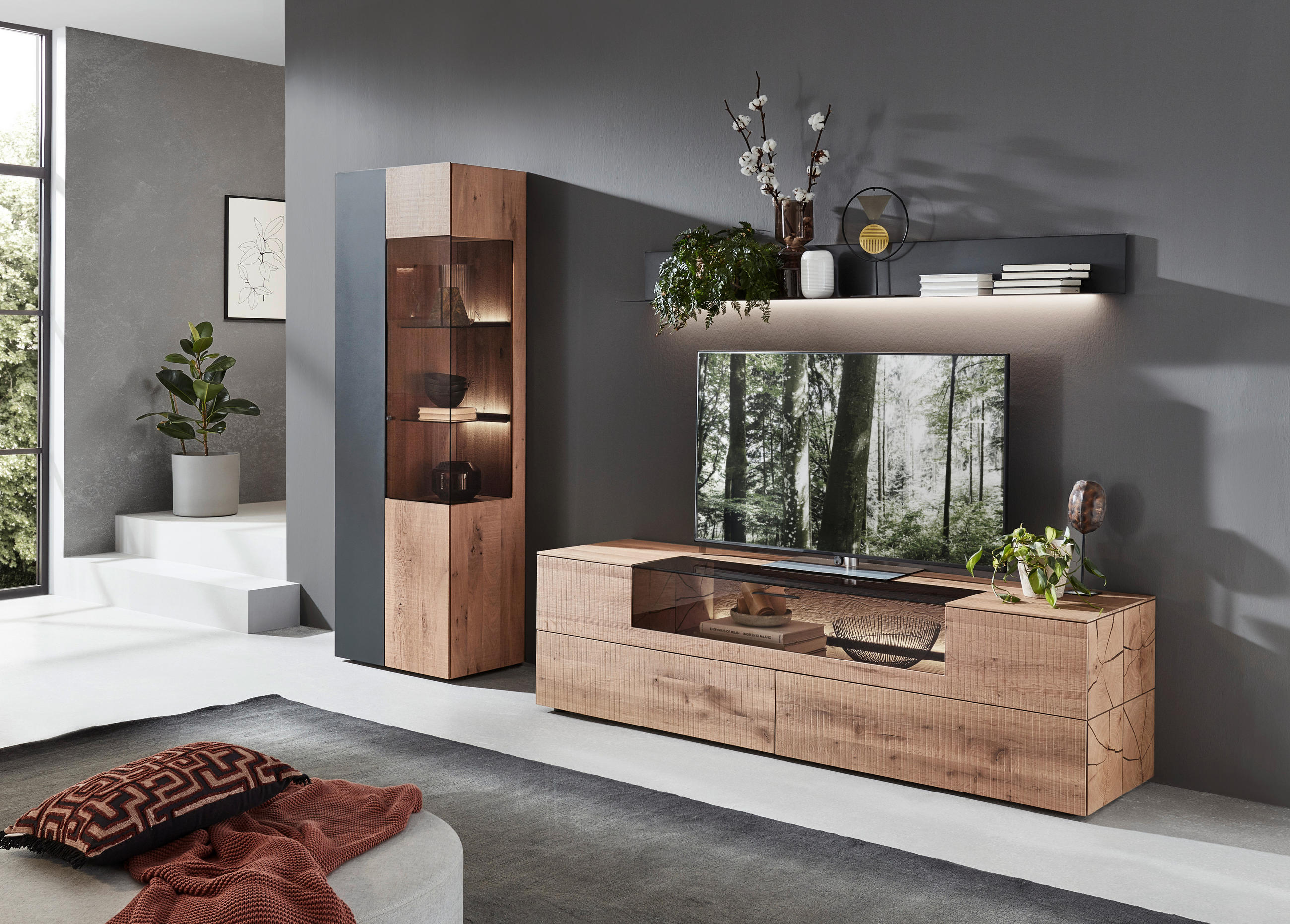 WOHNWAND  in Anthrazit, Eichefarben  296/206/55 cm  - Edelstahlfarben/Eichefarben, Natur, Glas/Holz (296/206/55cm) - Valnatura