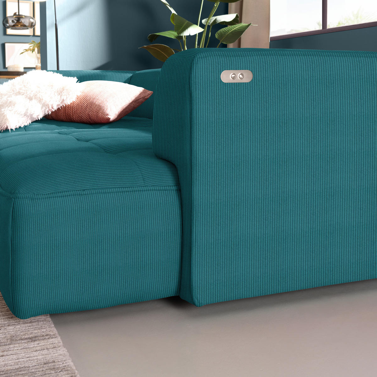 ECKSOFA Feincord Petrol  - Petrol/Schwarz, Design, Kunststoff/Textil (188/288cm) - Welnova