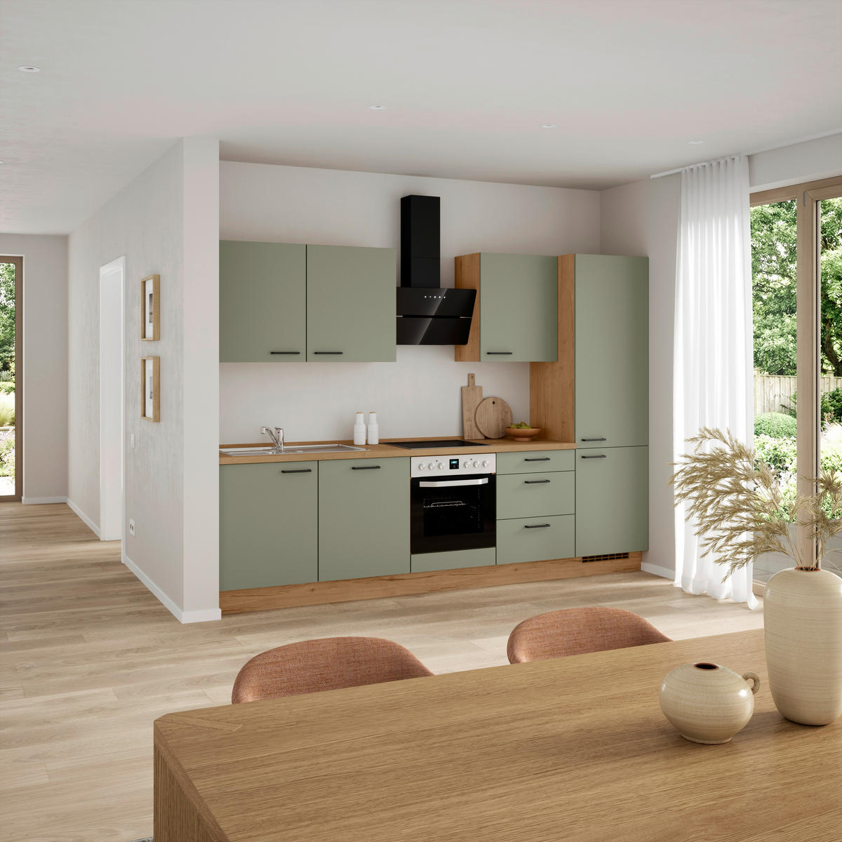 KÜCHENBLOCK Senso 300 cm  in Eichefarben, Olivgrün  - Eichefarben/Schwarz, MODERN, Holzwerkstoff/Metall (300cm) - Nobilia