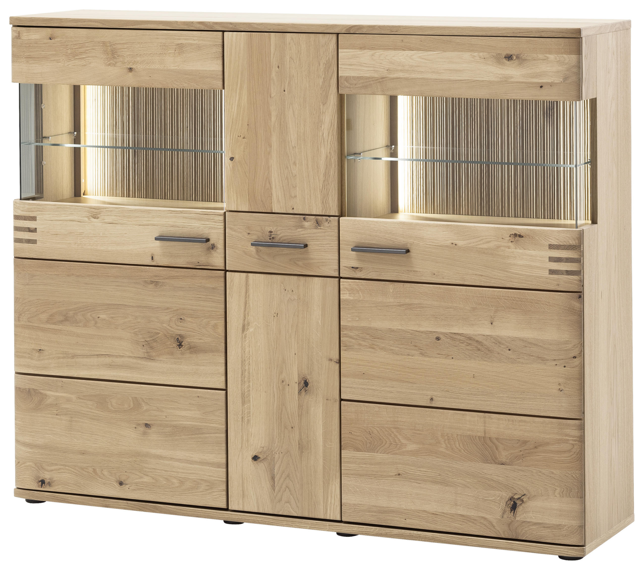 HIGHBOARD Balkeneiche furniert, massiv Eichefarben Einlegeböden - Eichefarben/Anthrazit, Design, Glas/Holz (150/121/37cm) - Livetastic