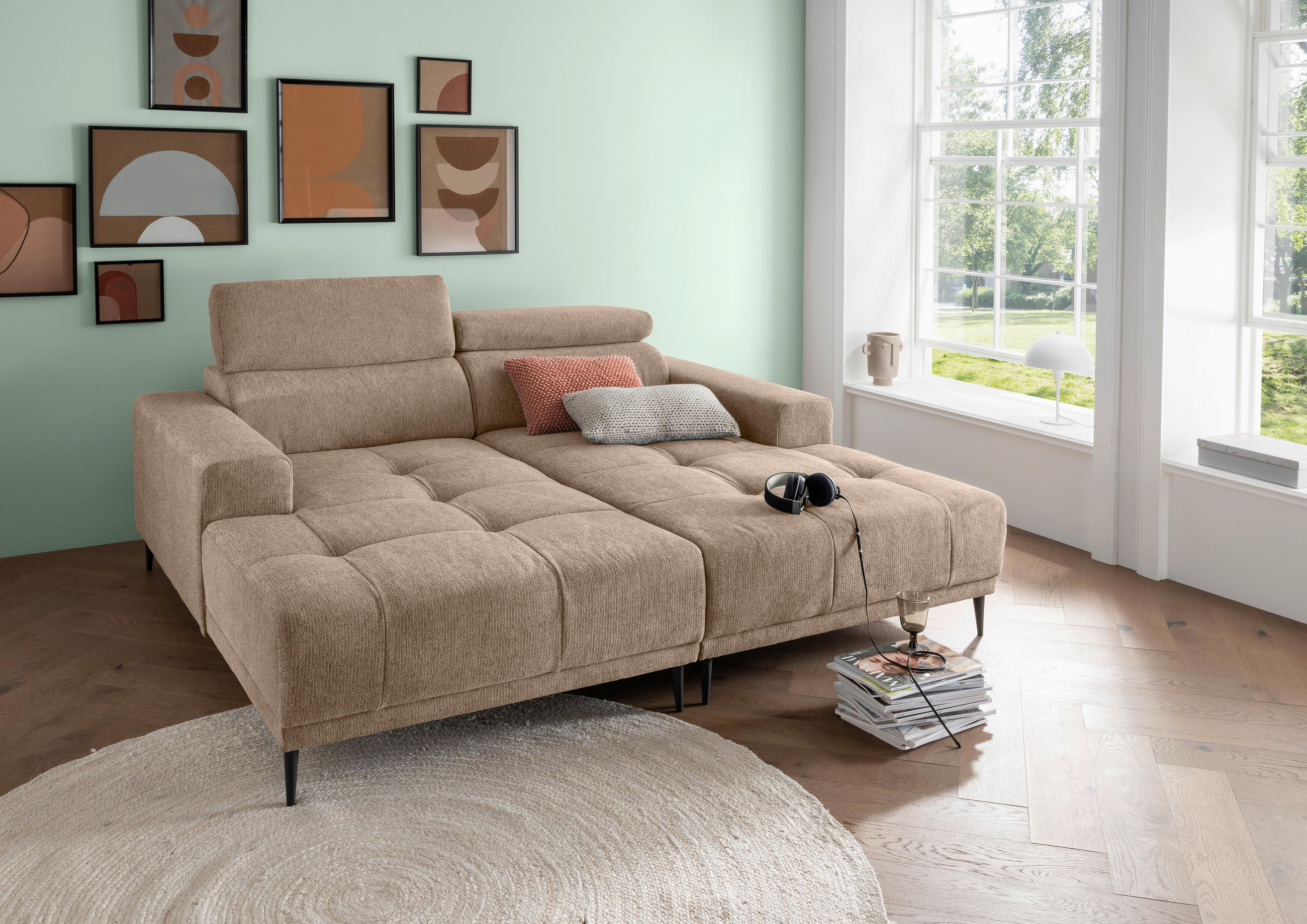 ECKSOFA in Chenille Hellbraun  - Hellbraun/Schwarz, Konventionell, Textil/Metall (200/188cm) - Livetastic