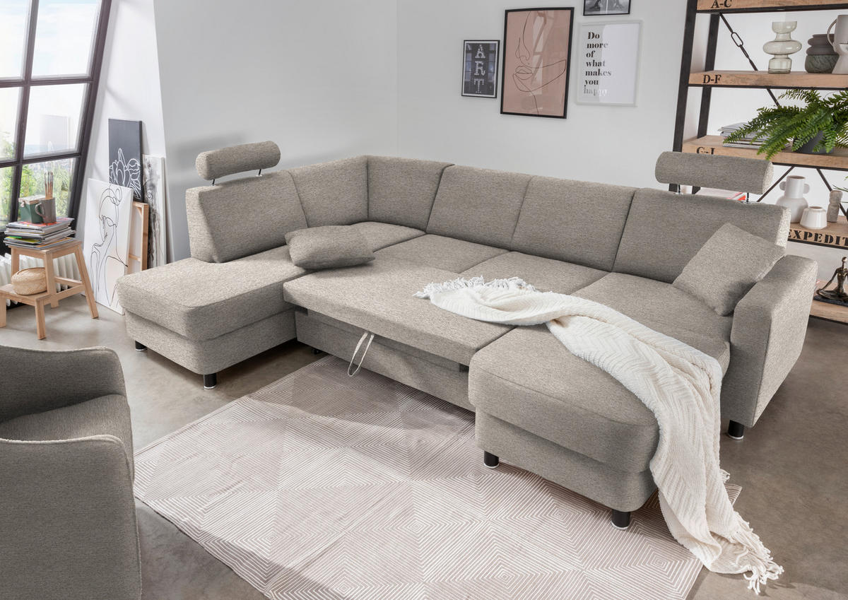 WOHNLANDSCHAFT in Webstoff Beige  - Beige/Schwarz, Design, Holz/Textil (198/296/165cm) - Xora