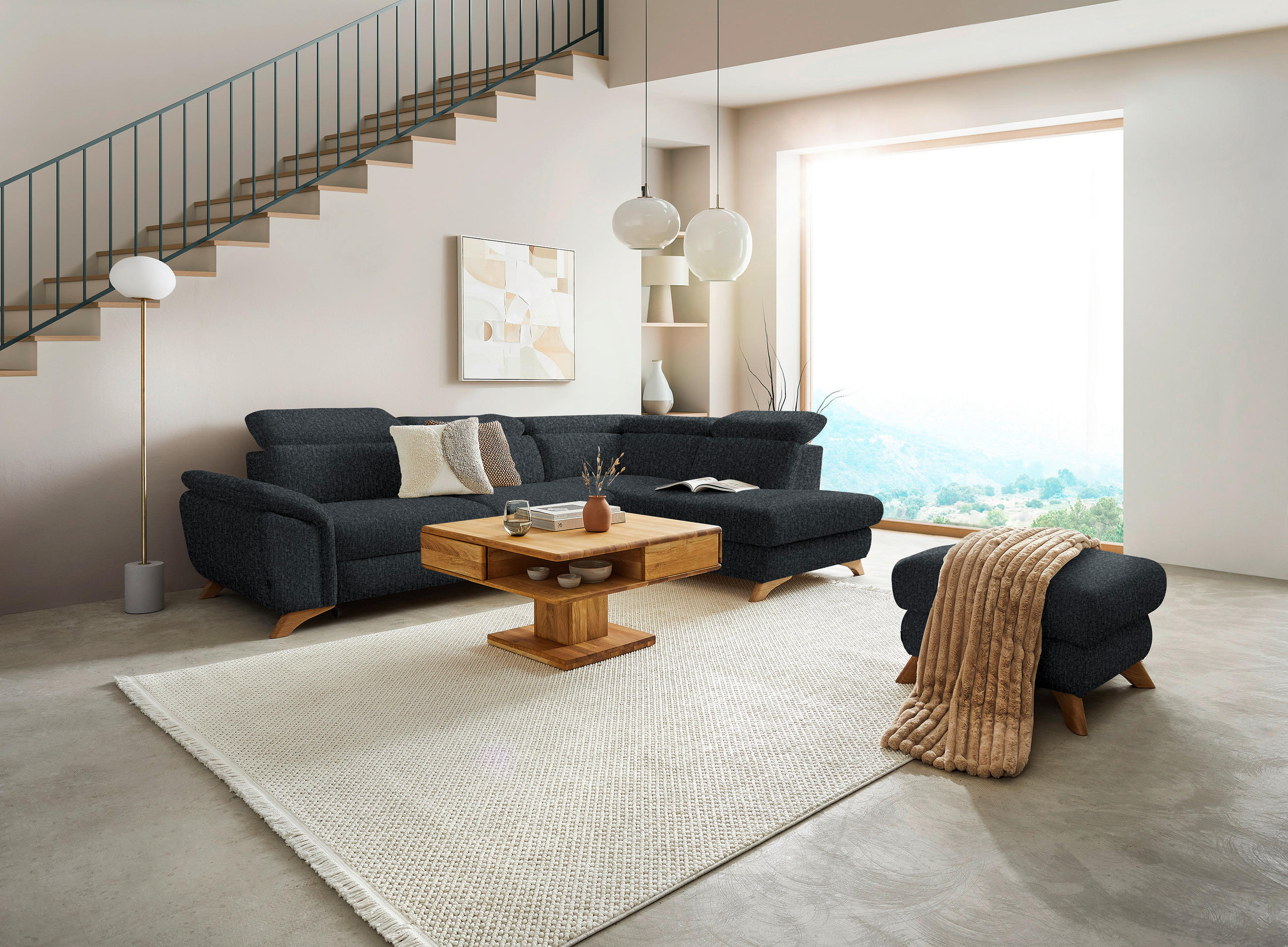 ECKSOFA MERCURY Dunkelgrau Chenille  - Eichefarben/Dunkelgrau, MODERN, Holz/Textil (287/212cm) - Valnatura