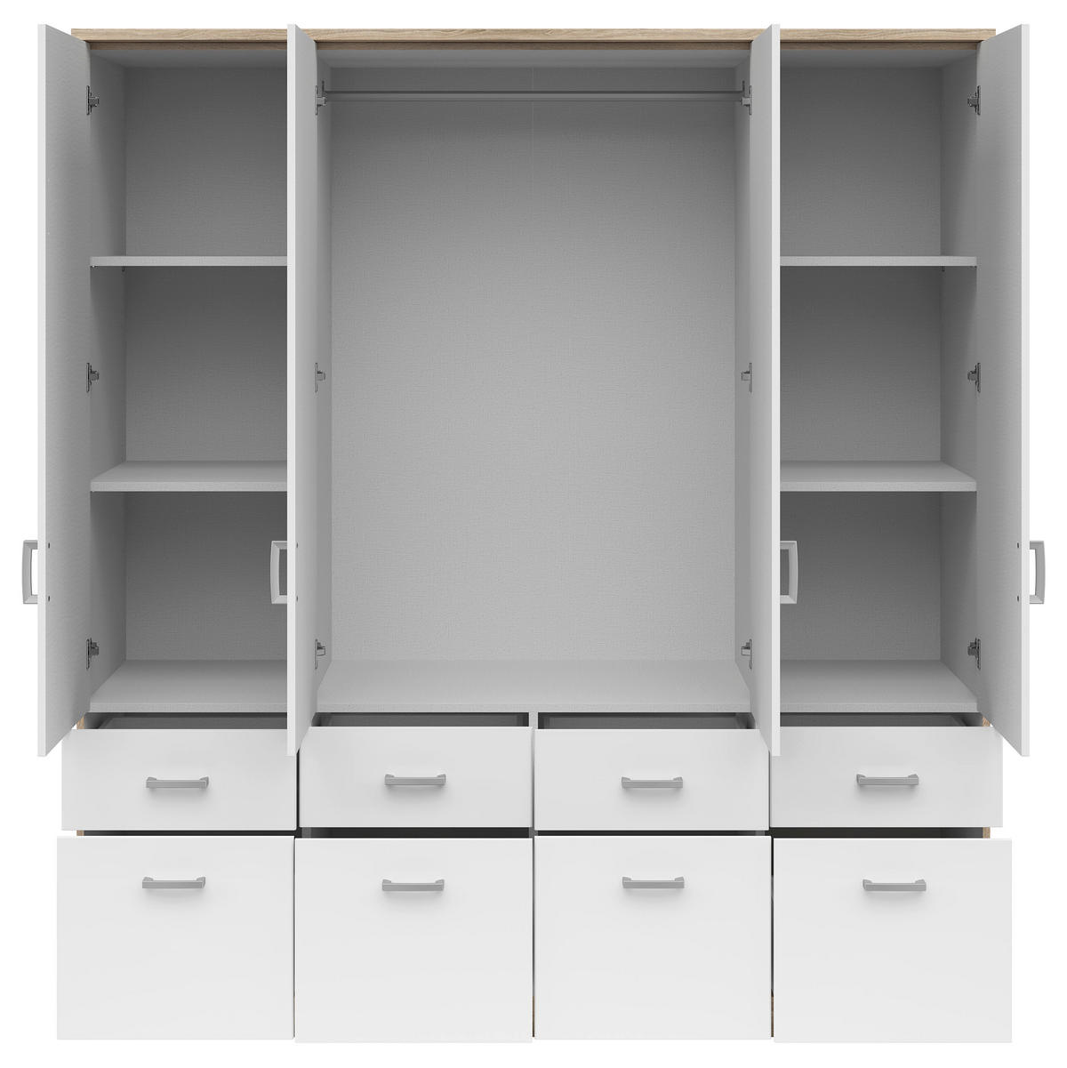 KLEIDERSCHRANK 181/199/58 cm 4-türig Weiß, Sonoma Eiche  - Silberfarben/Weiß, KONVENTIONELL, Glas/Holzwerkstoff (181/199/58cm) - Boxxx