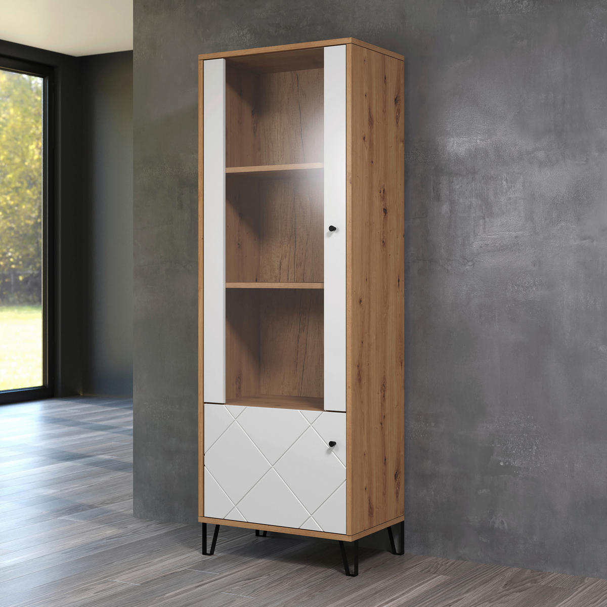 VITRINE TOUCH in Eiche Artisan, Weiß  - Schwarz/Weiß, Design, Glas/Holzwerkstoff (63/40/172cm) - MID.YOU