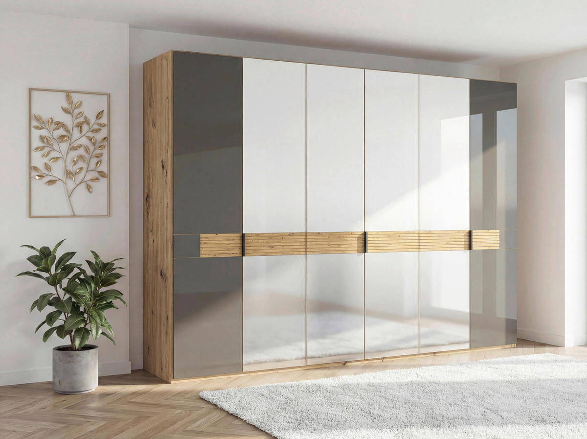 DREHTÜRENSCHRANK 300/216/58 cm,  in Eichefarben, Dunkelbraun, 6 Tür(en)  - Schieferfarben/Eichefarben, Design, Glas/Holz (300/216/58cm) - Musterring