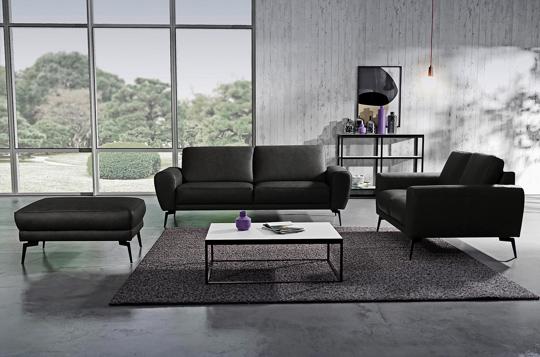 2-SITZER-SOFA in Echtleder Schwarz - Schwarz, Design, Leder/Metall (177/85/92cm) - Livetastic