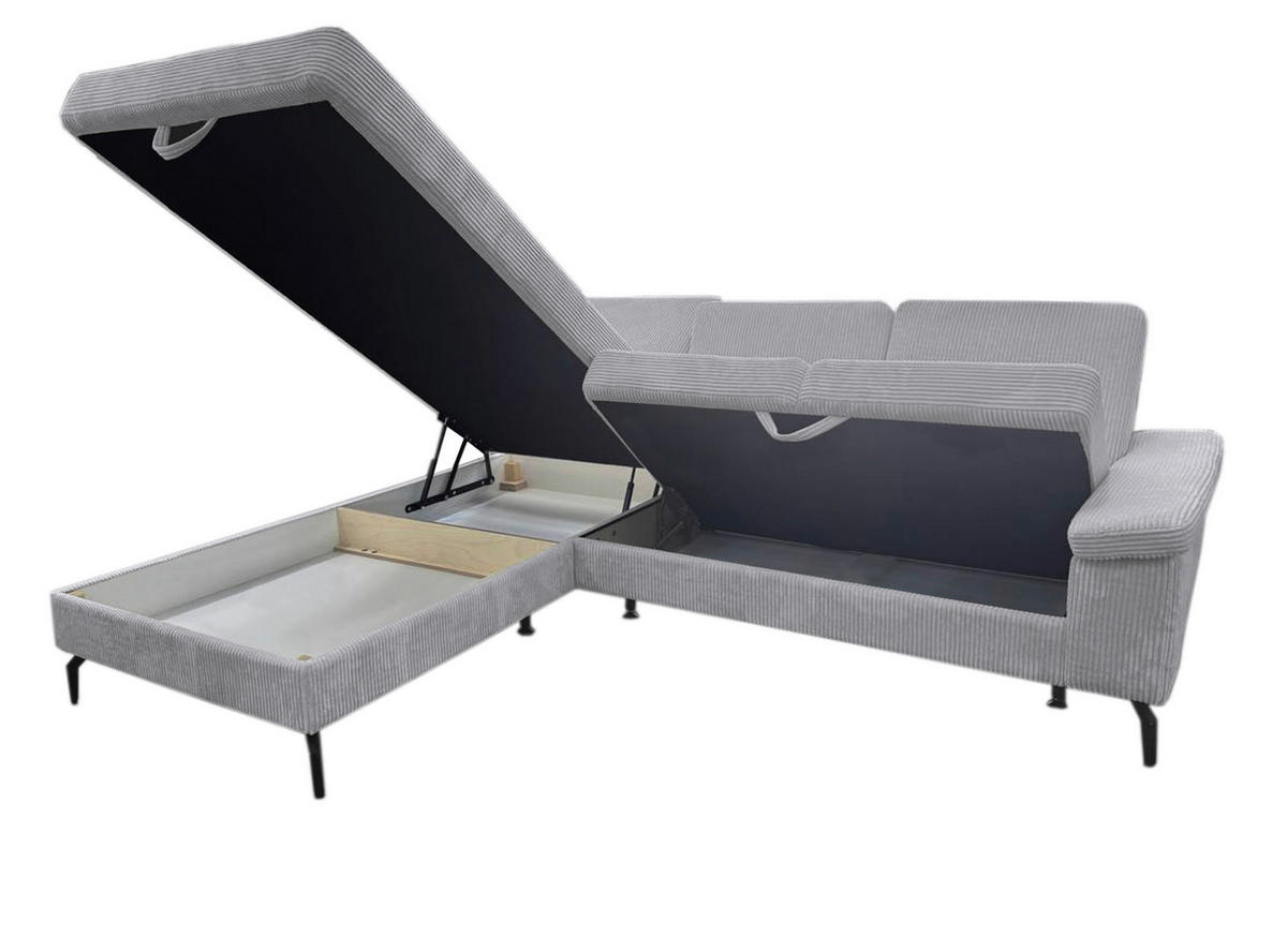 ECKSOFA Hellgrau Velours Bettkasten, Sitzvorzug  - Hellgrau/Schwarz, KONVENTIONELL, Textil/Metall (206/253cm) - Venda