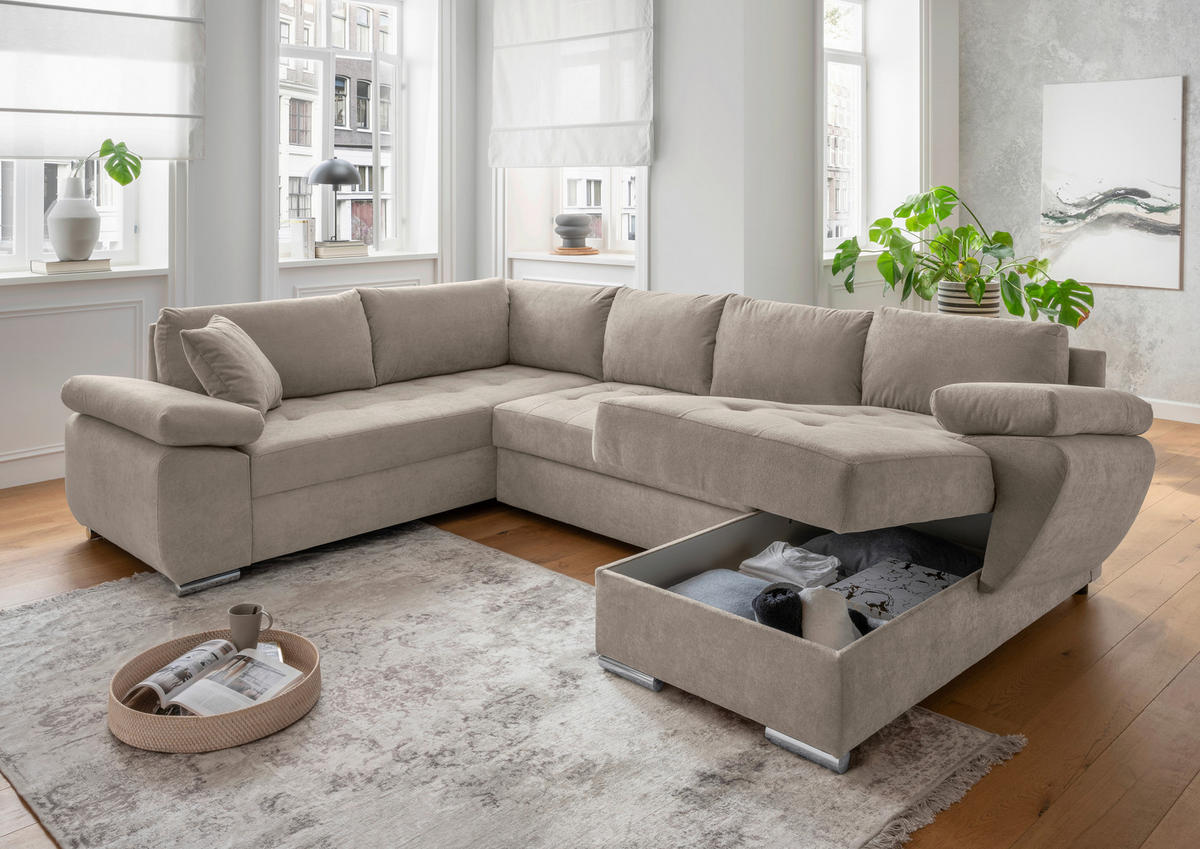 Wohnlandschaft in Mikrofaser Taupe  - couleur chromée/taupe, Konventionell, textile/métal (219/305/157cm) - Livetastic