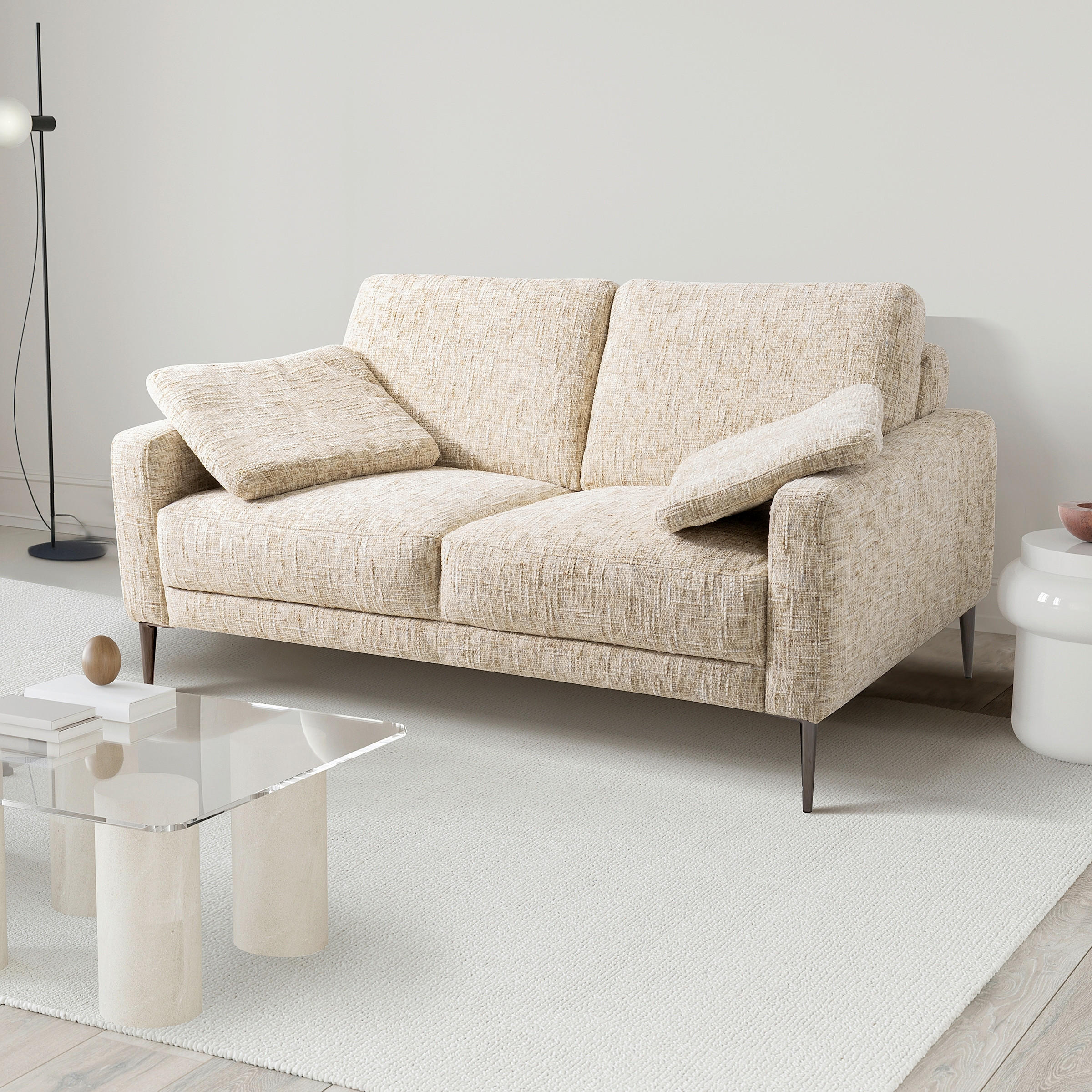 2-SITZER-SOFA SPRING in Webstoff Beige Modern  - Beige/Schwarzchrom, Design, Textil/Metall (157/85/92cm) - Livetastic