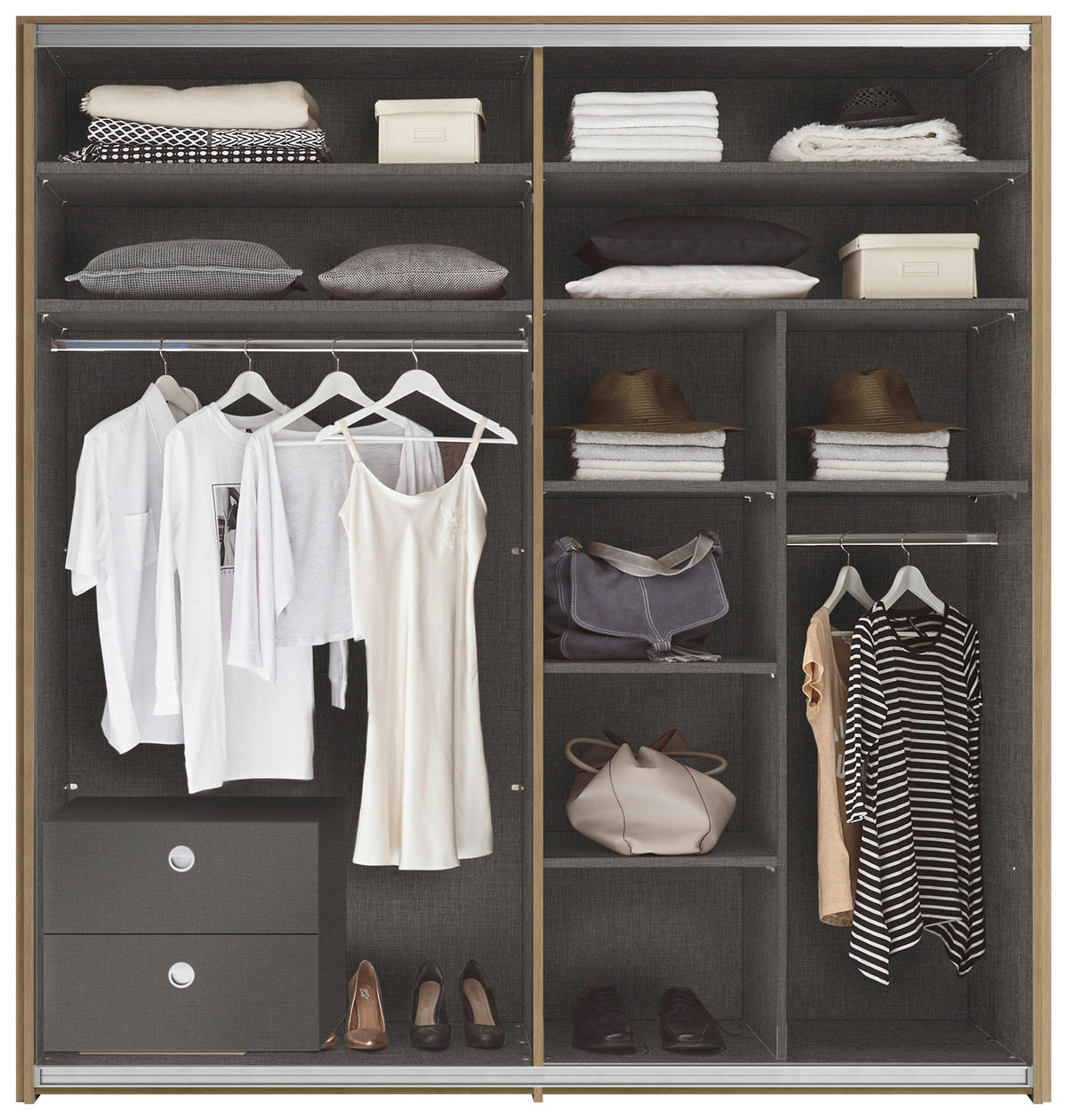 SCHWEBETÜRENSCHRANK 240/225/64 cm 2-türig Graphitfarben, Weiß, Eichefarben  - Chromfarben/Eichefarben, KONVENTIONELL, Holzwerkstoff/Metall (240/225/64cm) - Xora