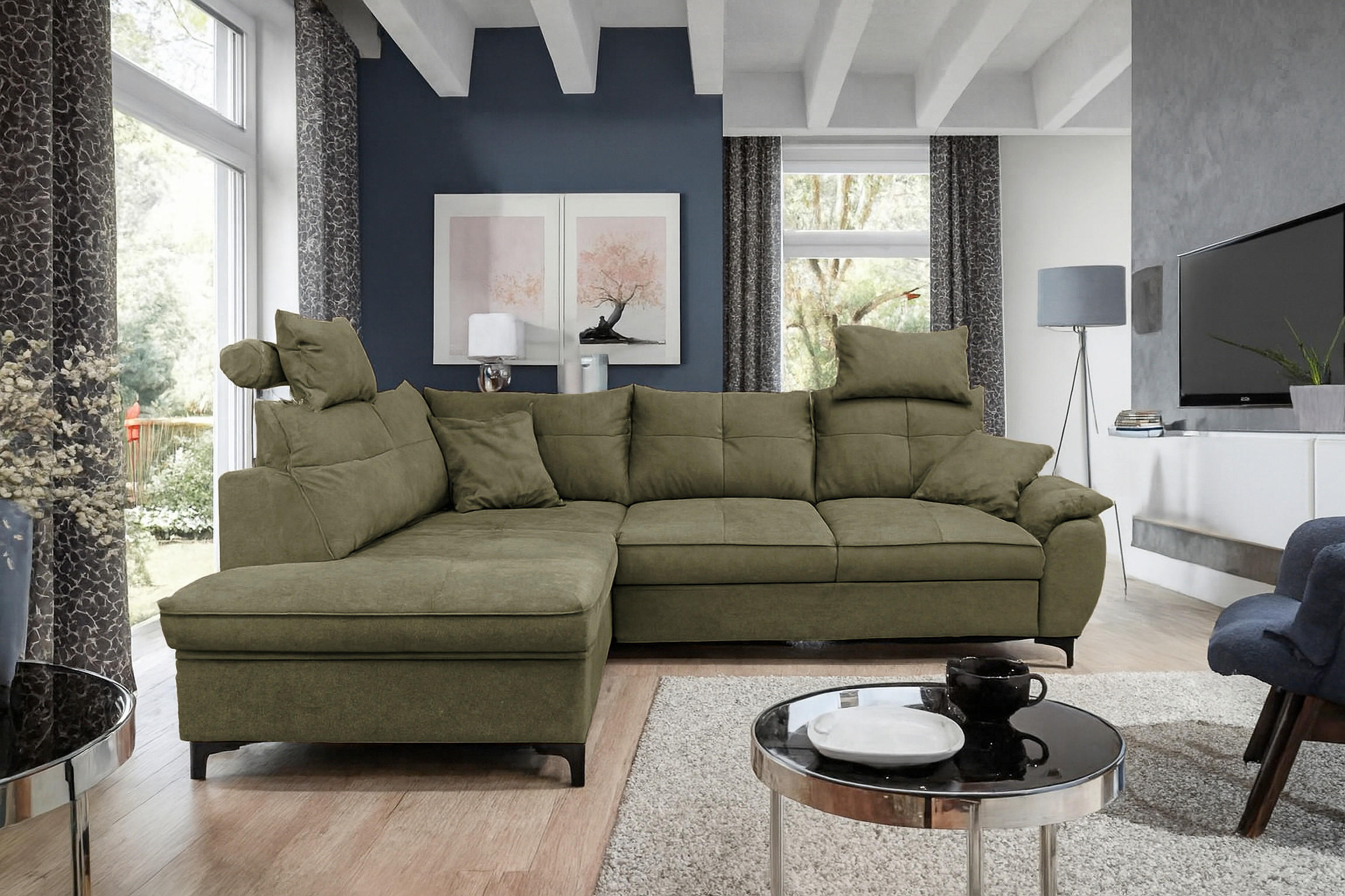 ECKSOFA SOLEI Grün Chenille Zierkissen, Bettkasten, Kopfstütze  - Schwarz/Grün, Design, Kunststoff/Textil (203/265cm) - MID.YOU