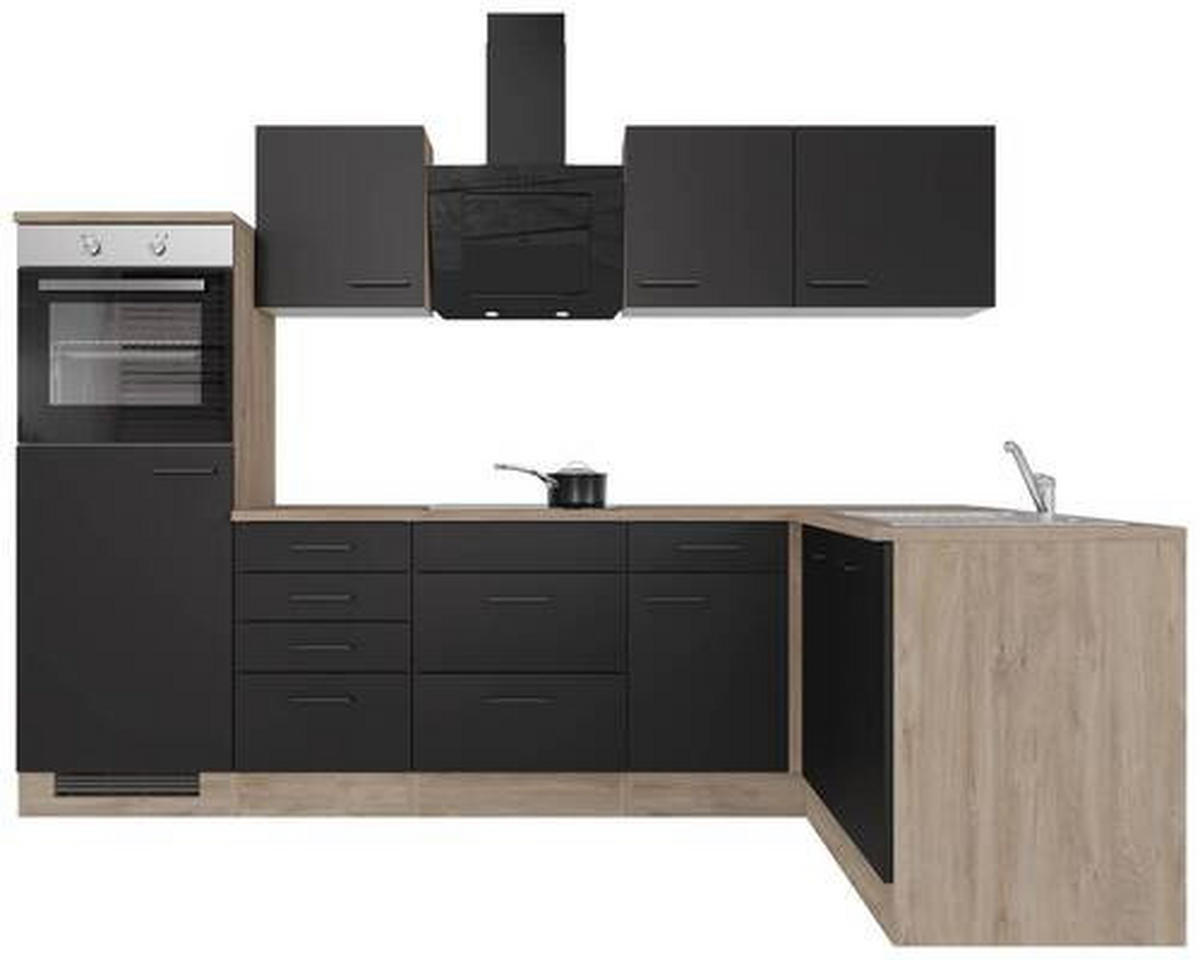ROHOVÁ KUCHYNĚ CAPRI 280 - černá/barvy dubu, Konvenční, kov/kompozitní dřevo (280/170cm) - FlexWell