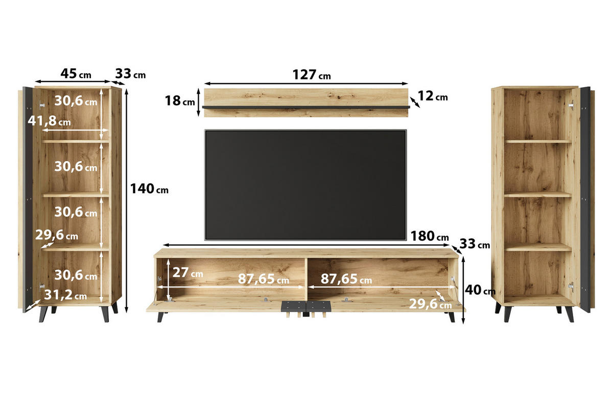 WOHNWAND 4-teilig  in Schwarz 270/140/33 cm  - Schwarz, Trend, Holzwerkstoff/Kunststoff (270/140/33cm)