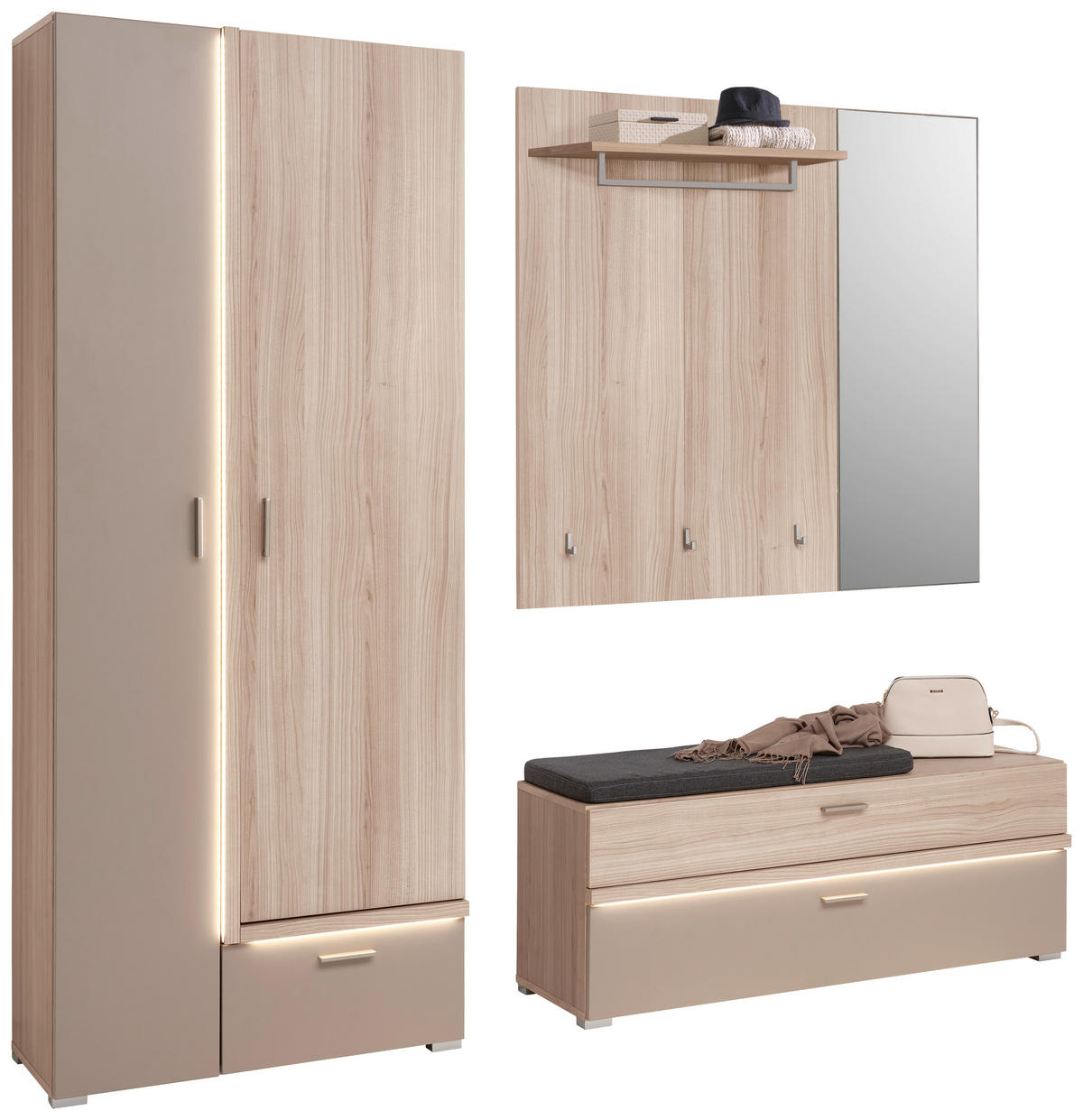 GARDEROBE 3-teilig  in 198/194/38 cm  - Eiche Bianco/Grau, Design, Glas/Holzwerkstoff (198/194/38cm) - Voleo