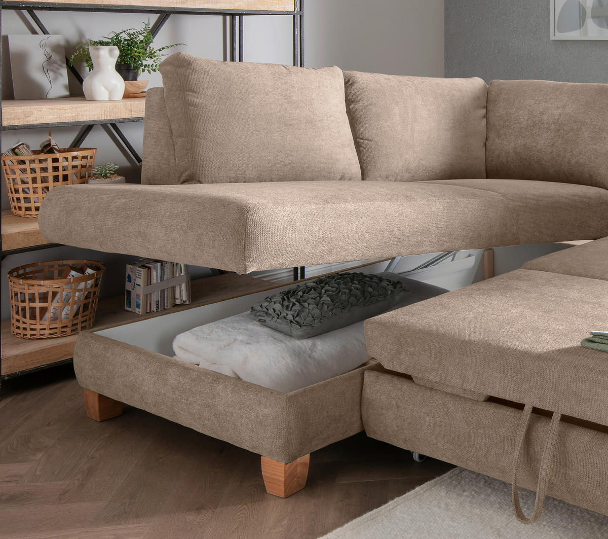 ECKSCHLAFSOFA in Chenille Hellbraun  - Wildeiche/Hellbraun, Modern, Holz/Textil (206/261cm) - Livetastic
