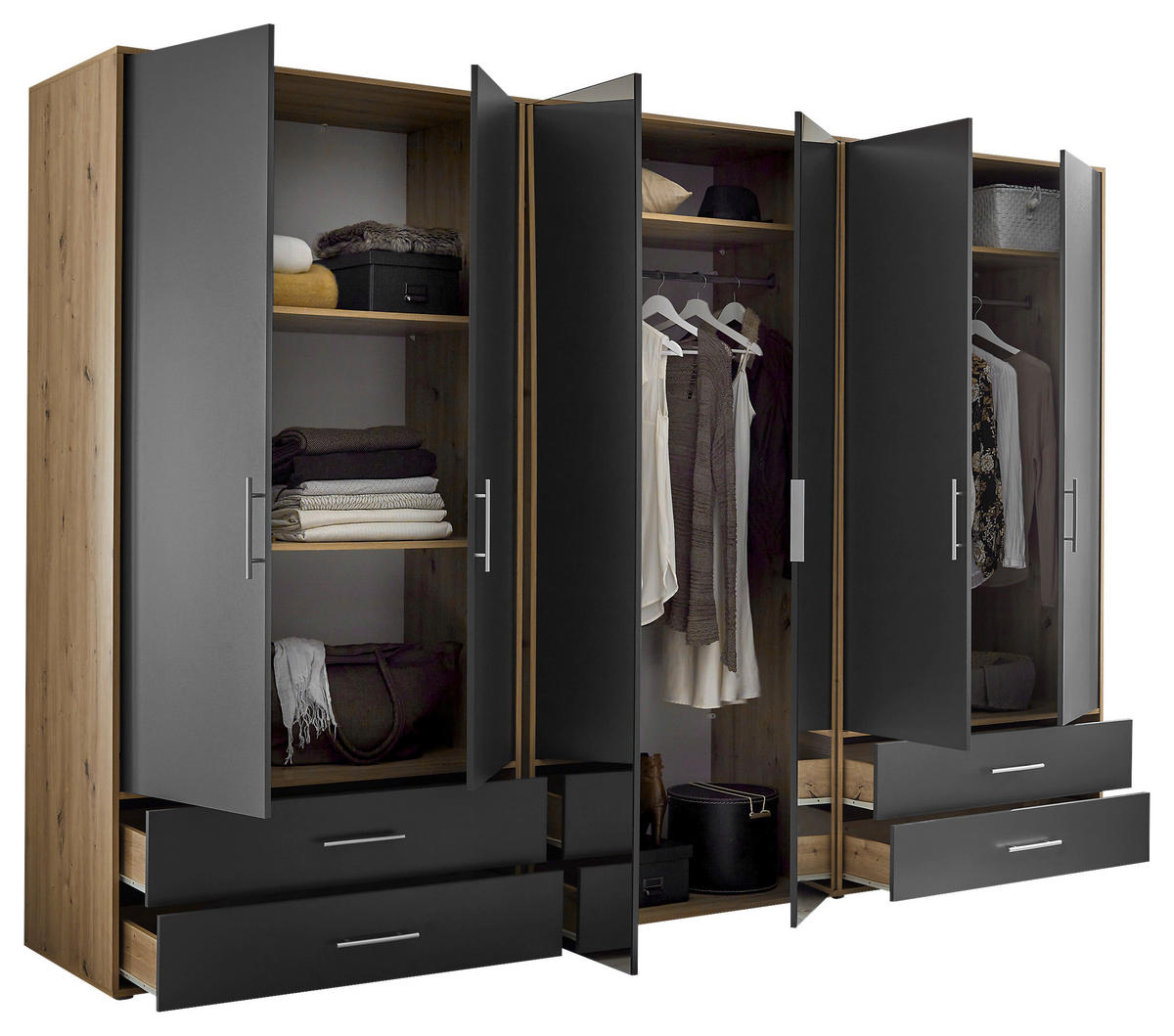 KLEIDERSCHRANK 305/207/58 cm 6-türig Graphitfarben, Eiche Artisan  - Alufarben/Graphitfarben, KONVENTIONELL, Glas/Holzwerkstoff (305/207/58cm) - Boxxx