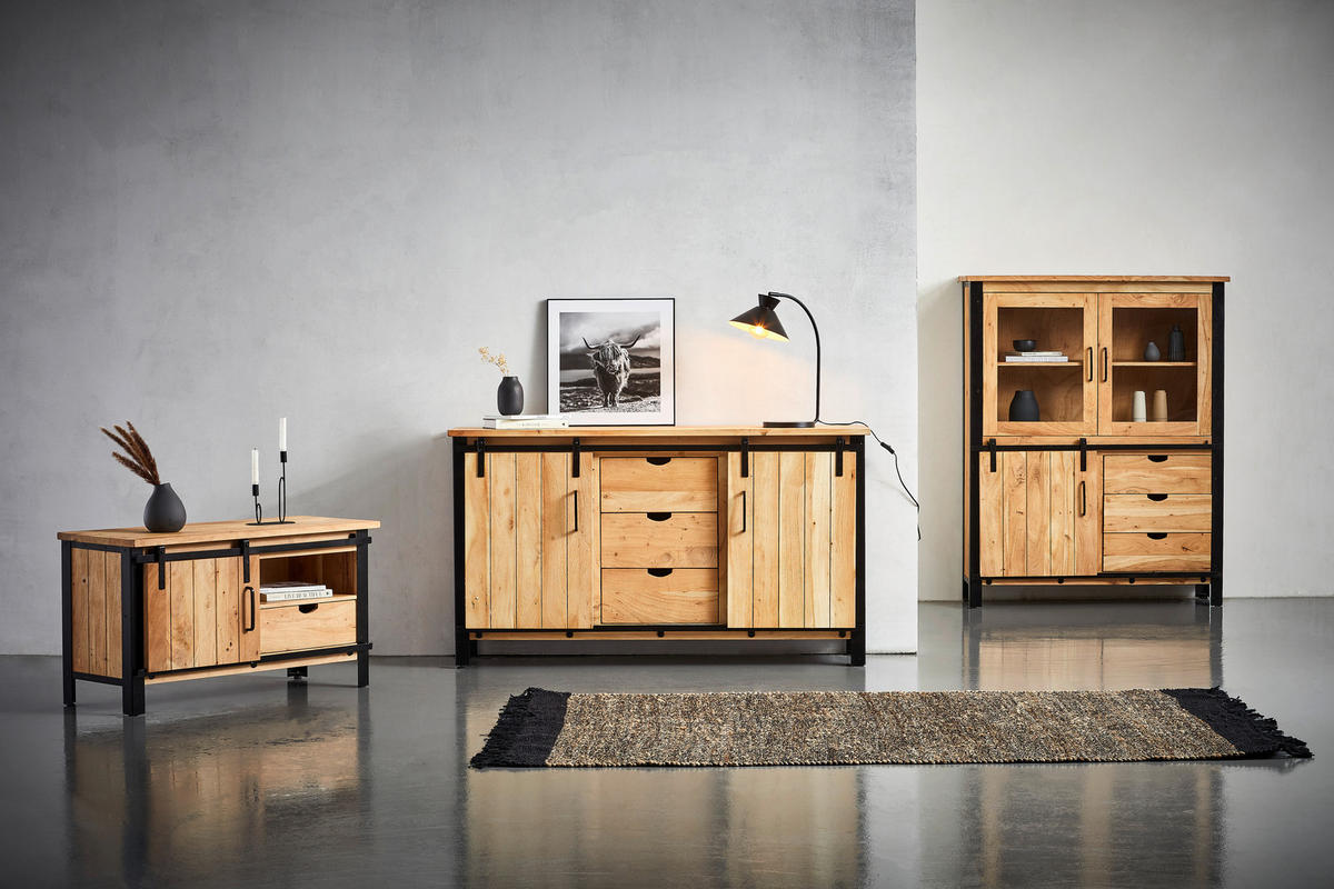 VITRINE  in massiv Akazie Hellbraun, Schwarz  - Hellbraun/Schwarz, MODERN, Glas/Holz (120/150/42cm) - MID.YOU