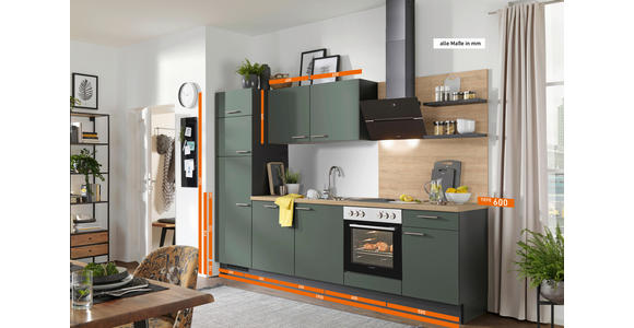 KÜCHENBLOCK 290 cm   in Graphitfarben, Eichefarben, Dunkelgrün  - Dunkelgrün/Edelstahlfarben, Design, Holzwerkstoff/Metall (290cm) - Xora