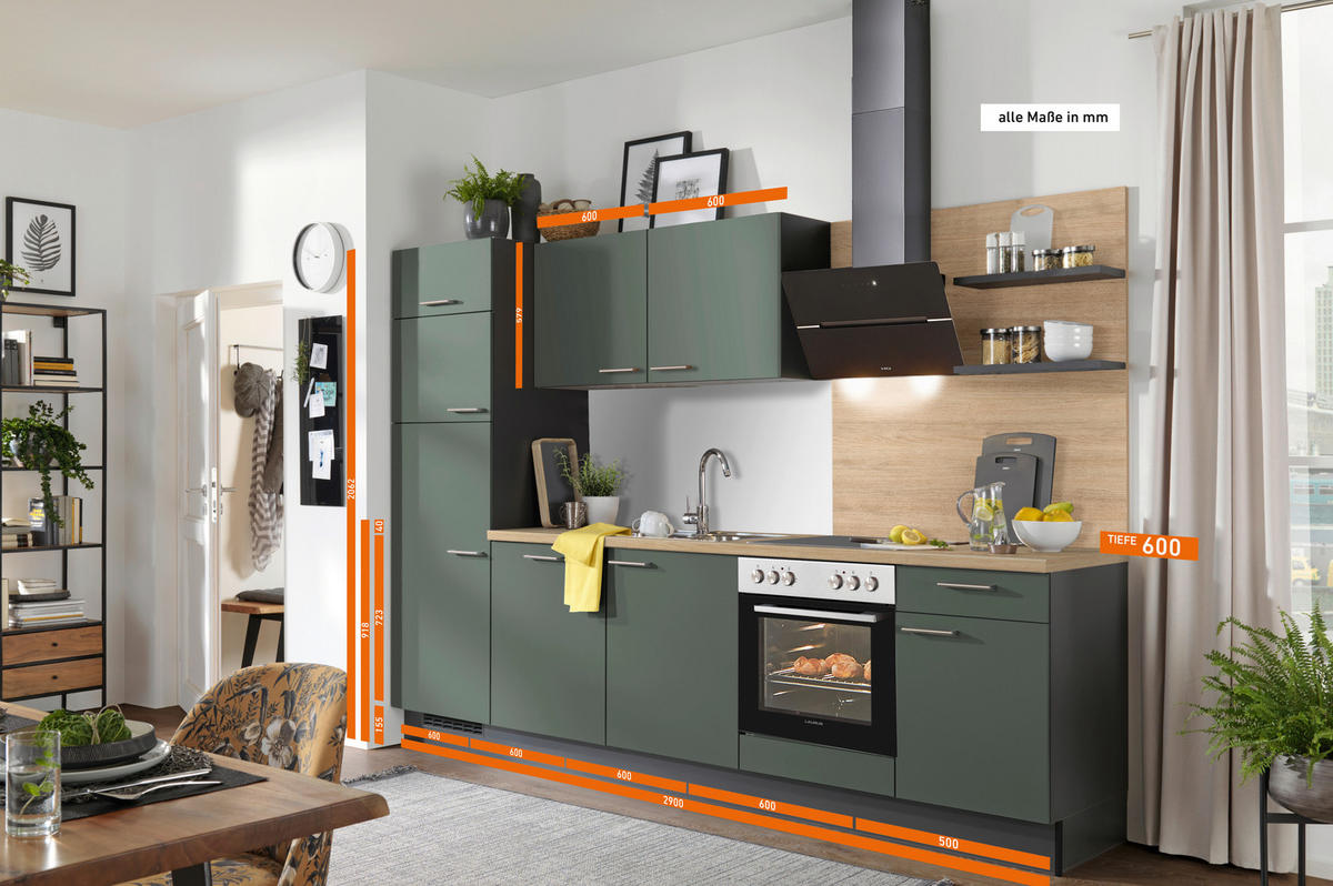 KÜCHENBLOCK 290 cm   in Graphitfarben, Eichefarben, Dunkelgrün  - Dunkelgrün/Edelstahlfarben, Design, Holzwerkstoff/Metall (290cm) - Xora