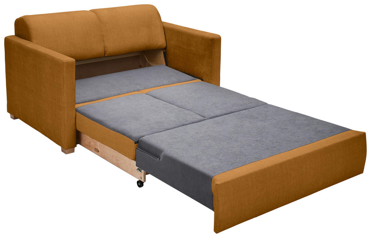 SCHLAFSOFA Flachgewebe Dunkelgelb  inkl. Bettkasten, Schlaffunktion, Rücken echt  - Buchefarben/Dunkelgelb, KONVENTIONELL, Holz/Textil (144/81/97,5cm) - Carryhome