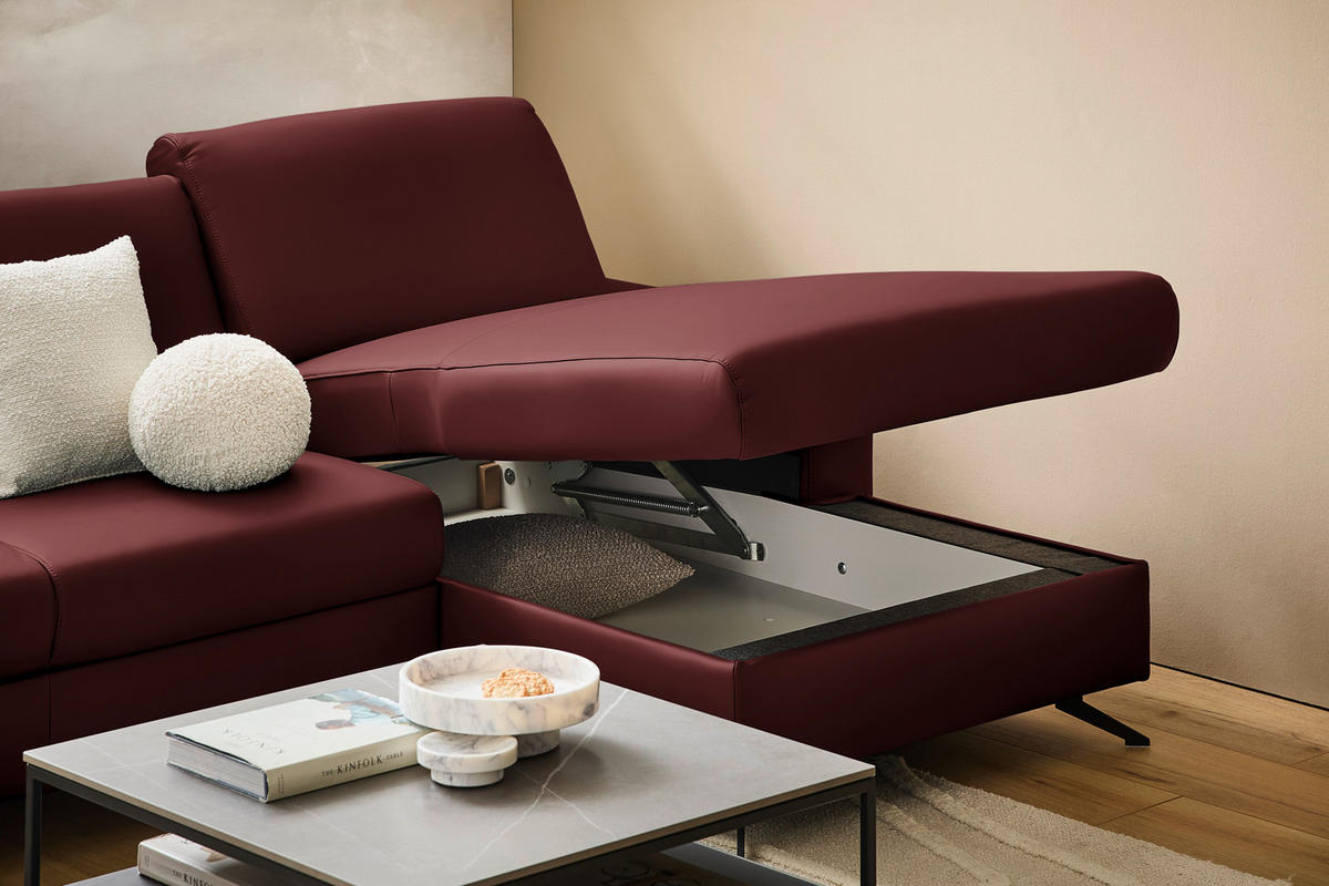 ECKSOFA in Echtleder Brombeere  267/165 cm  - Brombeere/Schwarz, Design, Leder/Metall (267/165cm) - Lomoco