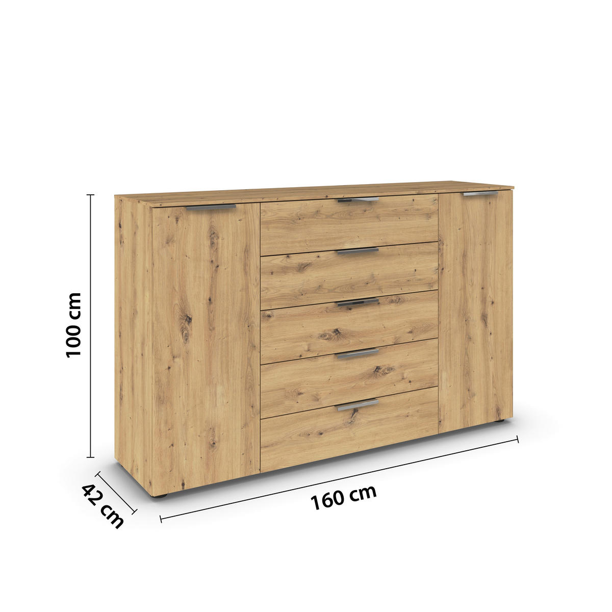 KOMMODE 160/100/42 cm  in Chromfarben, Eiche Artisan  - Chromfarben/Schwarz, Modern, Holzwerkstoff/Kunststoff (160/100/42cm) - Rauch Möbel