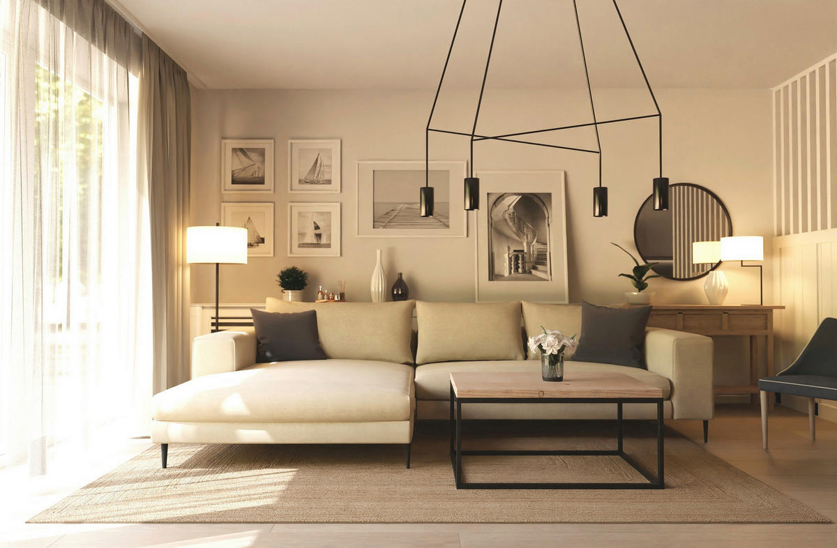 ECKSCHLAFSOFA AURORA in Struktur Beige  - Beige/Schwarz, MODERN, Textil/Metall (315/170cm) - Trendmanufaktur