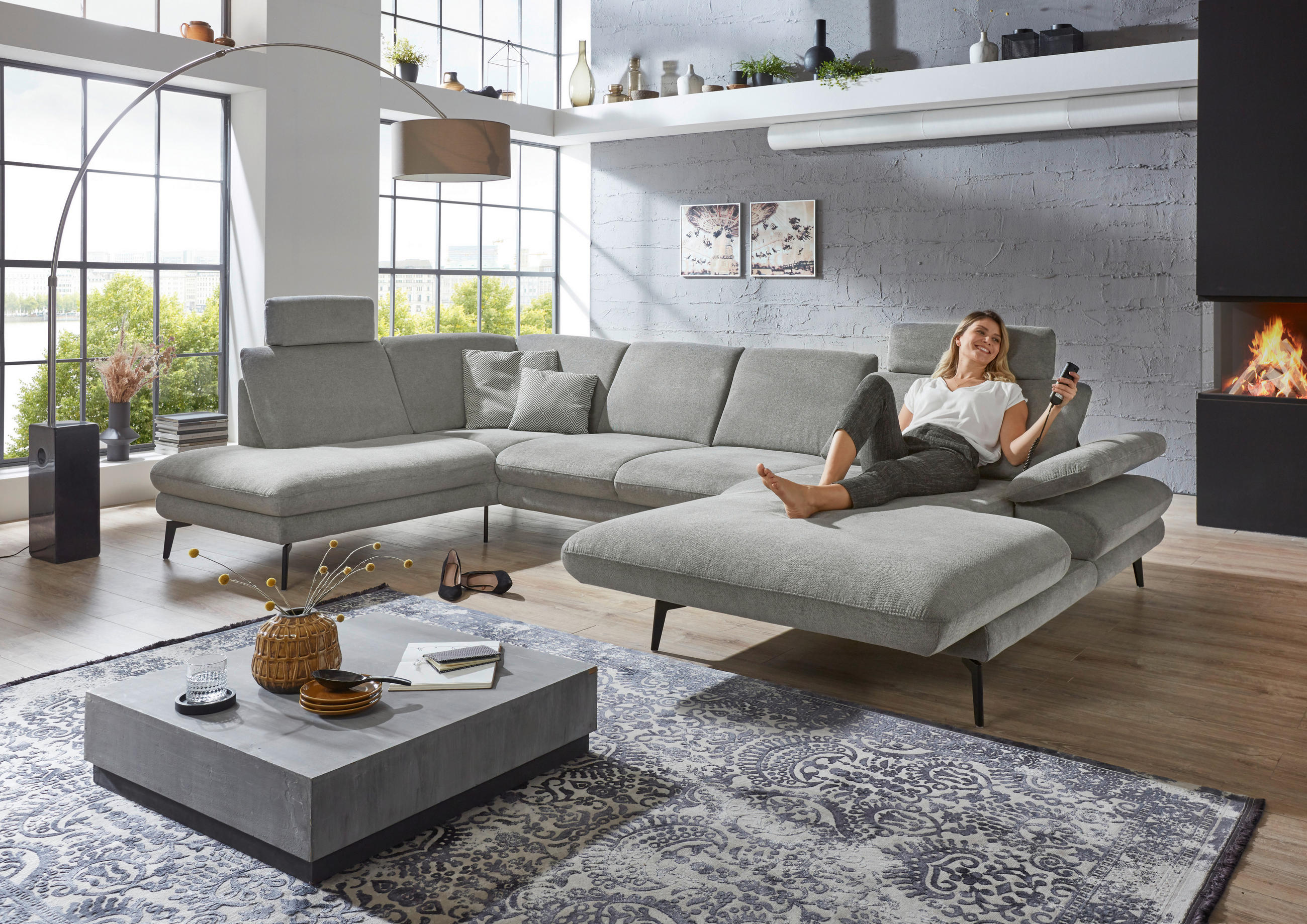 WOHNLANDSCHAFT Grau Webstoff - Schwarz/Grau, Design, Textil/Metall (208/344/180cm) - Dieter Knoll