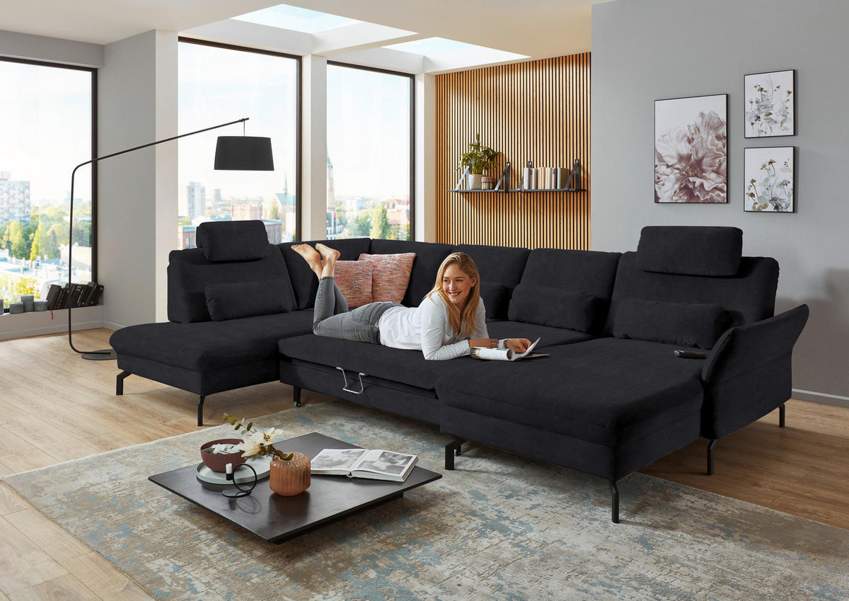 WOHNLANDSCHAFT in Velours Anthrazit  - Anthrazit/Schwarz, Design, Textil/Metall (220/335/179cm) - Beldomo System