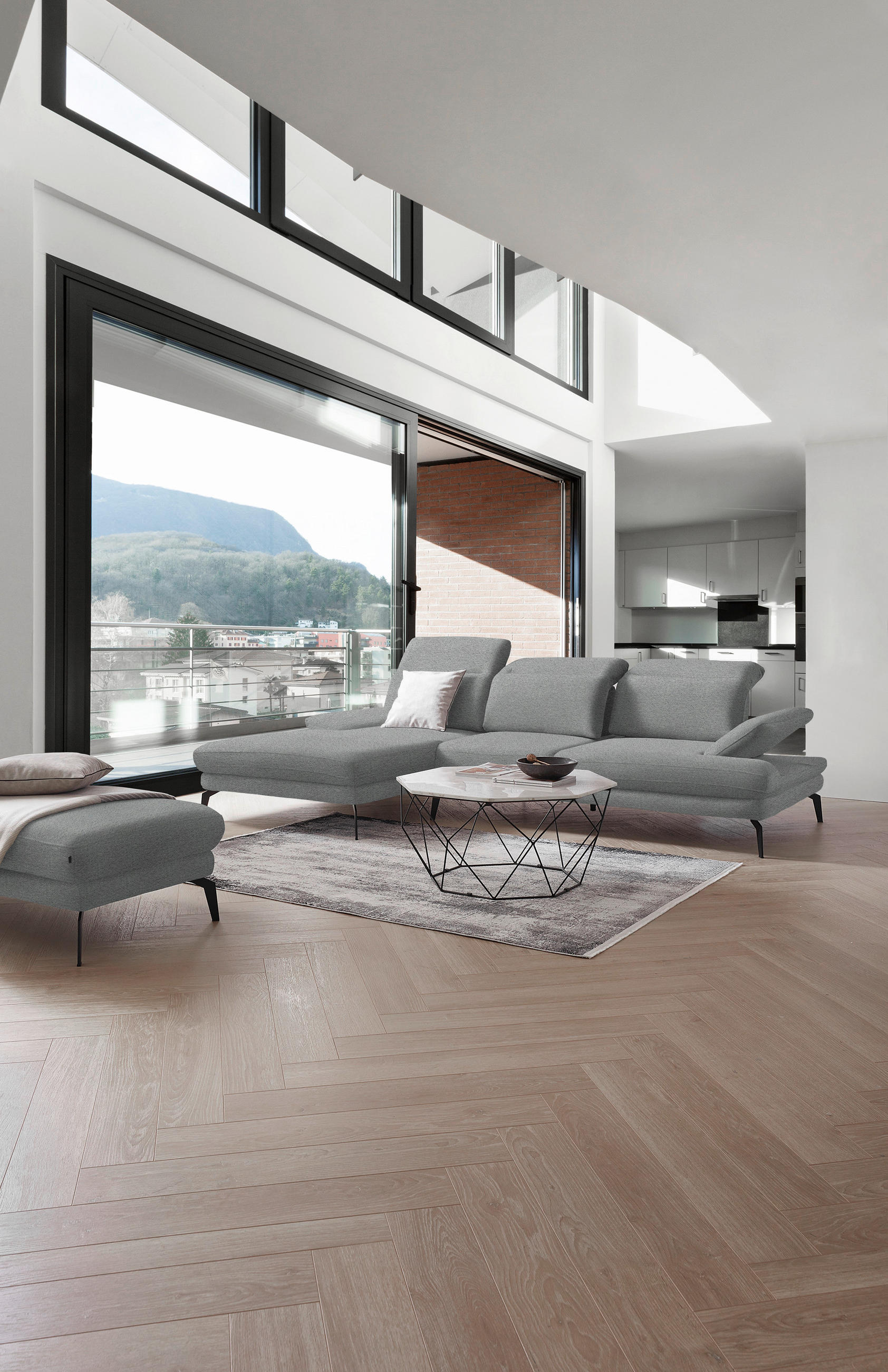 ECKSOFA Hellgrau Webstoff  - Hellgrau/Schwarz, Design, Textil/Metall (180/289cm) - Stylife