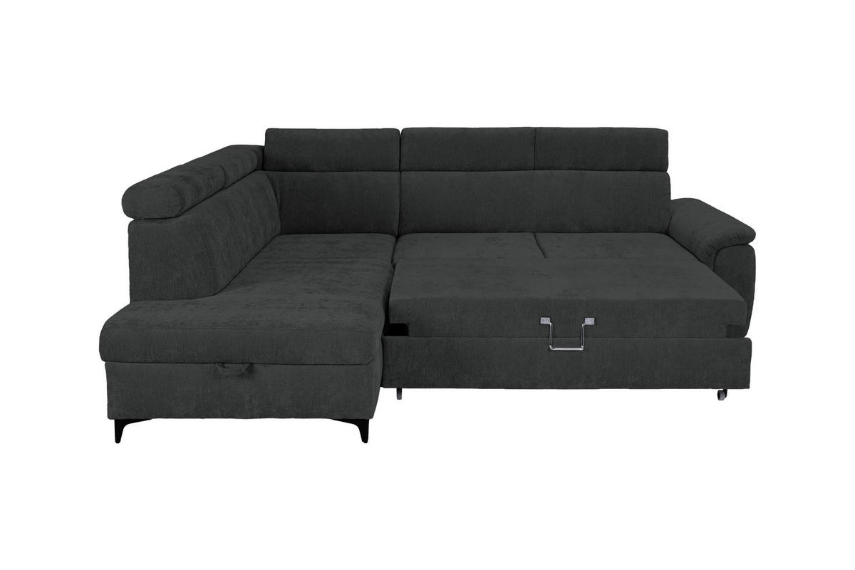 ECKSOFA Schwarz Chenille Bettkasten, Schlaffunktion, Rücken echt, Kopfteilverstellung, Liegefläche im Originalstoff  - Schwarz, KONVENTIONELL, Textil/Metall (206/265cm) - Carryhome
