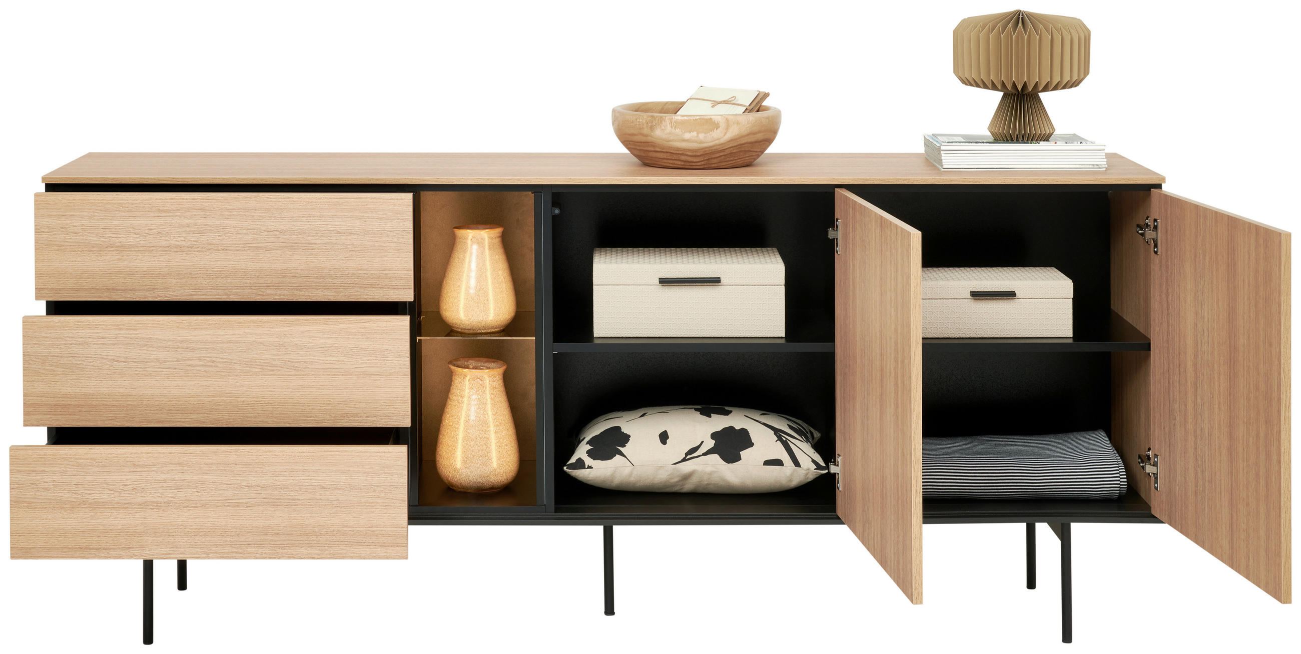 SIDEBOARD Schwarz, Eichefarben  197/83/41 cm  - Eichefarben/Schwarz, Basics, Glas/Holzwerkstoff (197/83/41cm) - Hom`in