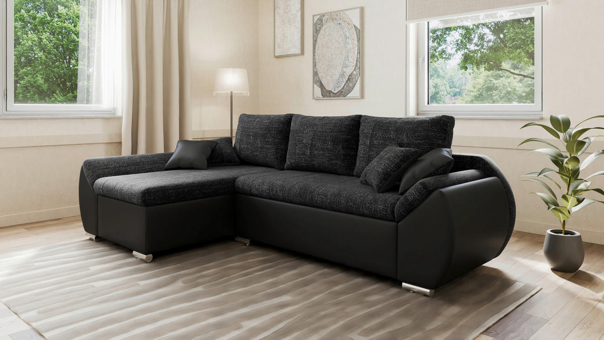 ECKSOFA  AURO Schwarz  - Silberfarben/Schwarz, Design, Kunststoff/Textil (275/155cm) - MID.YOU