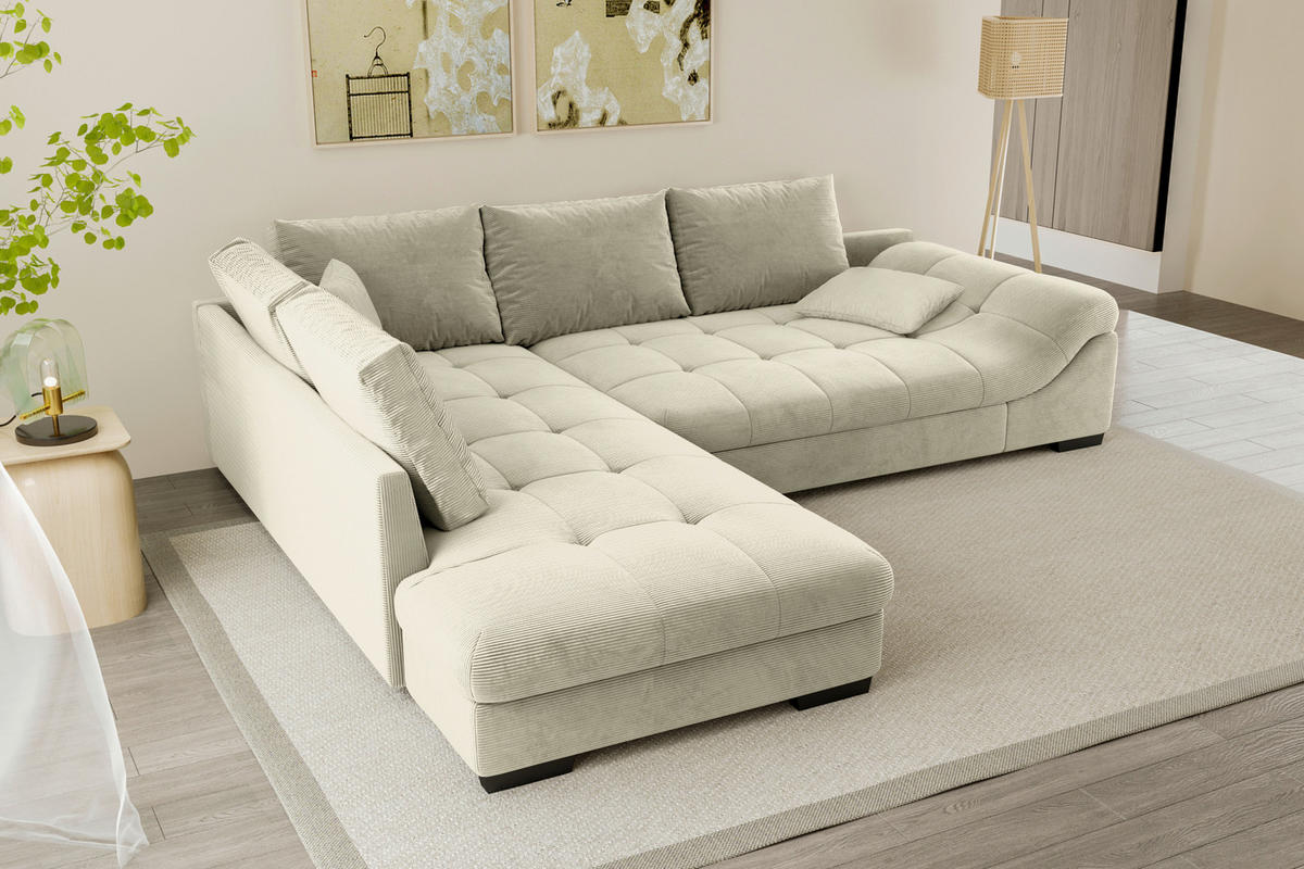 ECKSOFA in Cord Naturfarben  - Schwarz/Naturfarben, Konventionell, Holz/Textil (202/298cm) - MID.YOU