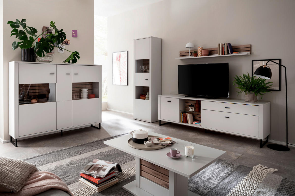 WOHNWAND  in Weiß, Eichefarben  287/206/44 cm  - Eichefarben/Anthrazit, Design, Glas/Holzwerkstoff (287/206/44cm) - Stylife