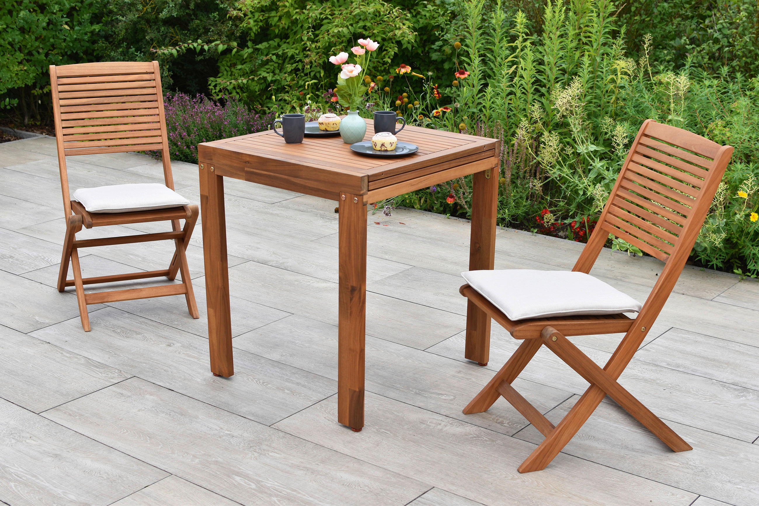 BALKONSET  5-teilig  - Beige/Akaziefarben, KONVENTIONELL, Holz/Textil - Gardenson