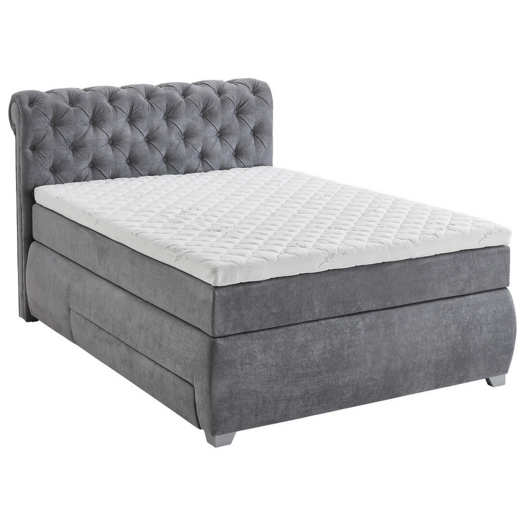 Thumbnail - Mid.you Boxspringbett, Grau, Textil, H2 + H3, 7-Zonen, Höhe ca. 19 cm, 140x200 cm, gepolstertes Kopfteil, Topper durchge...