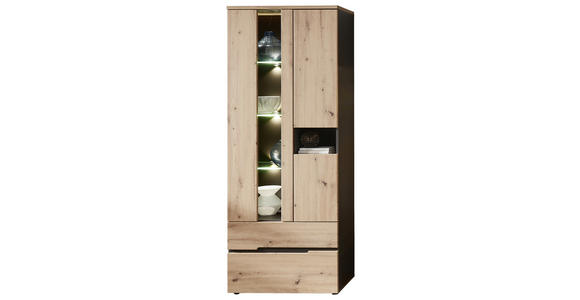 VITRINE in Graphitfarben, Eiche Artisan - Graphitfarben/Schwarz, Trend, Glas/Holzwerkstoff (75/197/38cm) - Carryhome