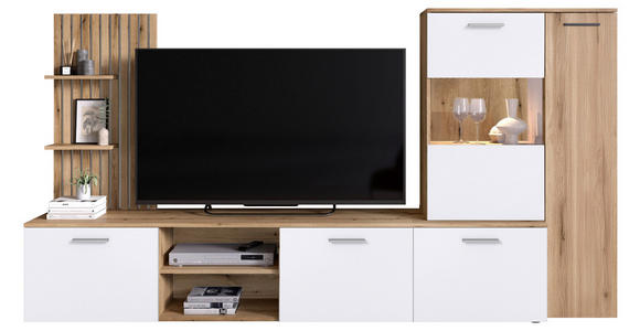 WOHNWAND 4-teilig  in Weiß, Eichefarben   - Eichefarben/Anthrazit, MODERN, Glas/Holzwerkstoff (250cm) - Carryhome