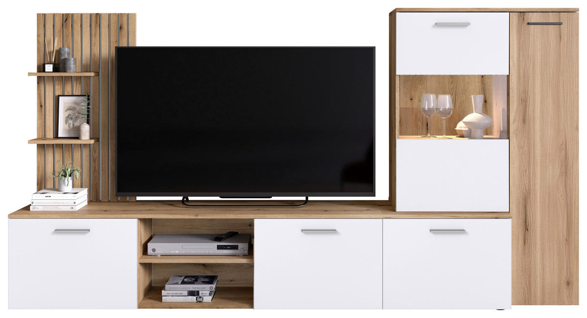 REGAL ZA DNEVNI BORAVAK bela, boja hrasta   - boja hrasta/bela, Moderno, staklo/pločasti materijal (250/135/38cm) - Carryhome